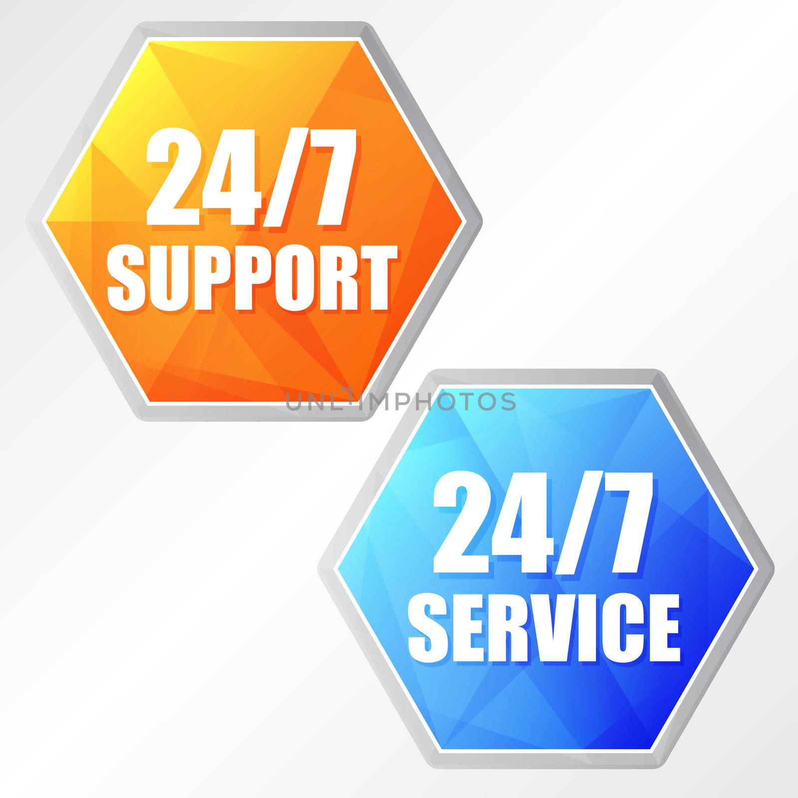 24/7 service, two colors hexagons labels by marinini