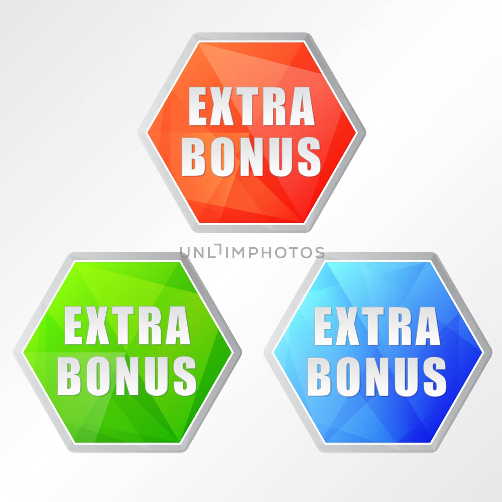 extra bonus, three colors hexagons labels, flat design, business shopping concept