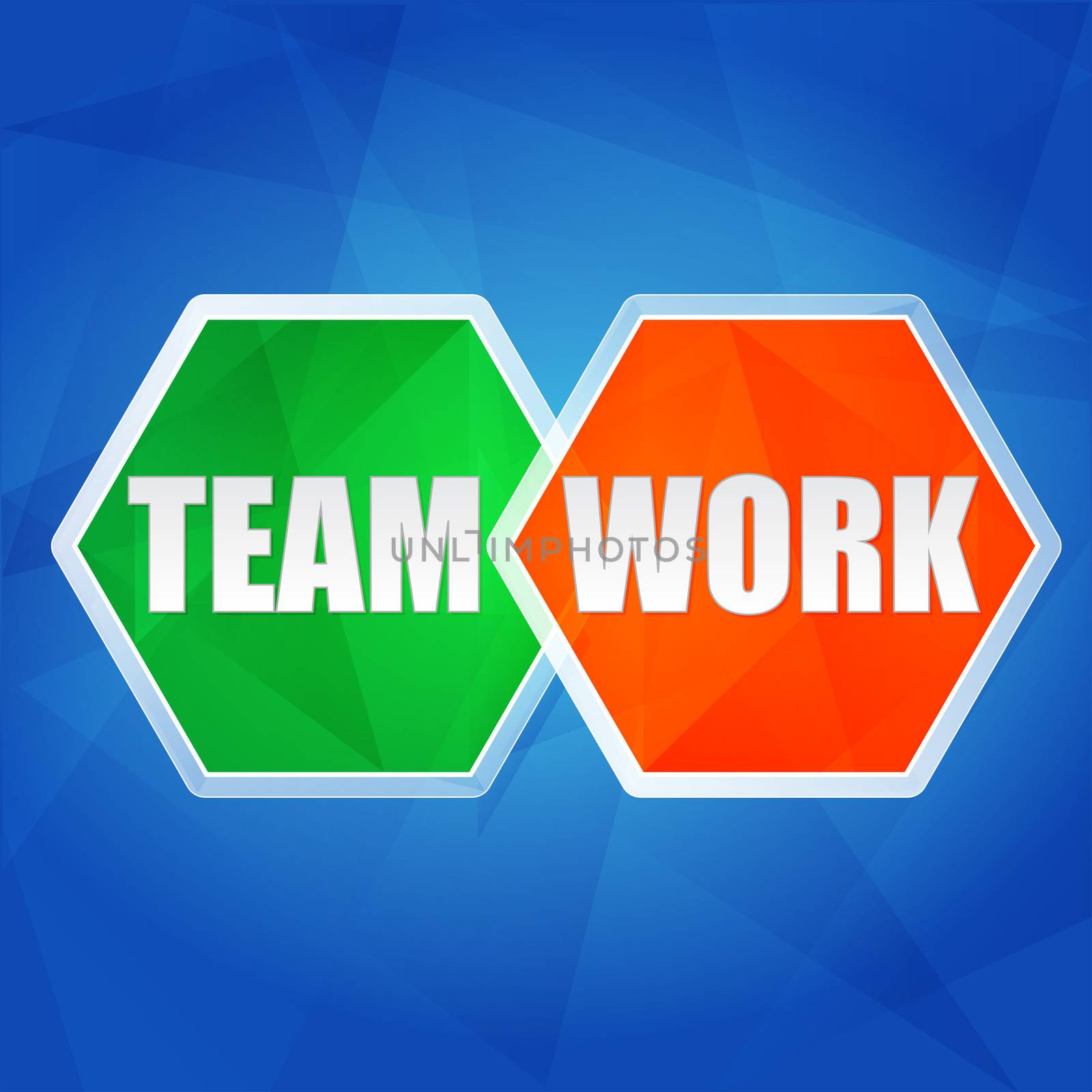 teamwork in color hexagons over blue background, flat design, business team building concept