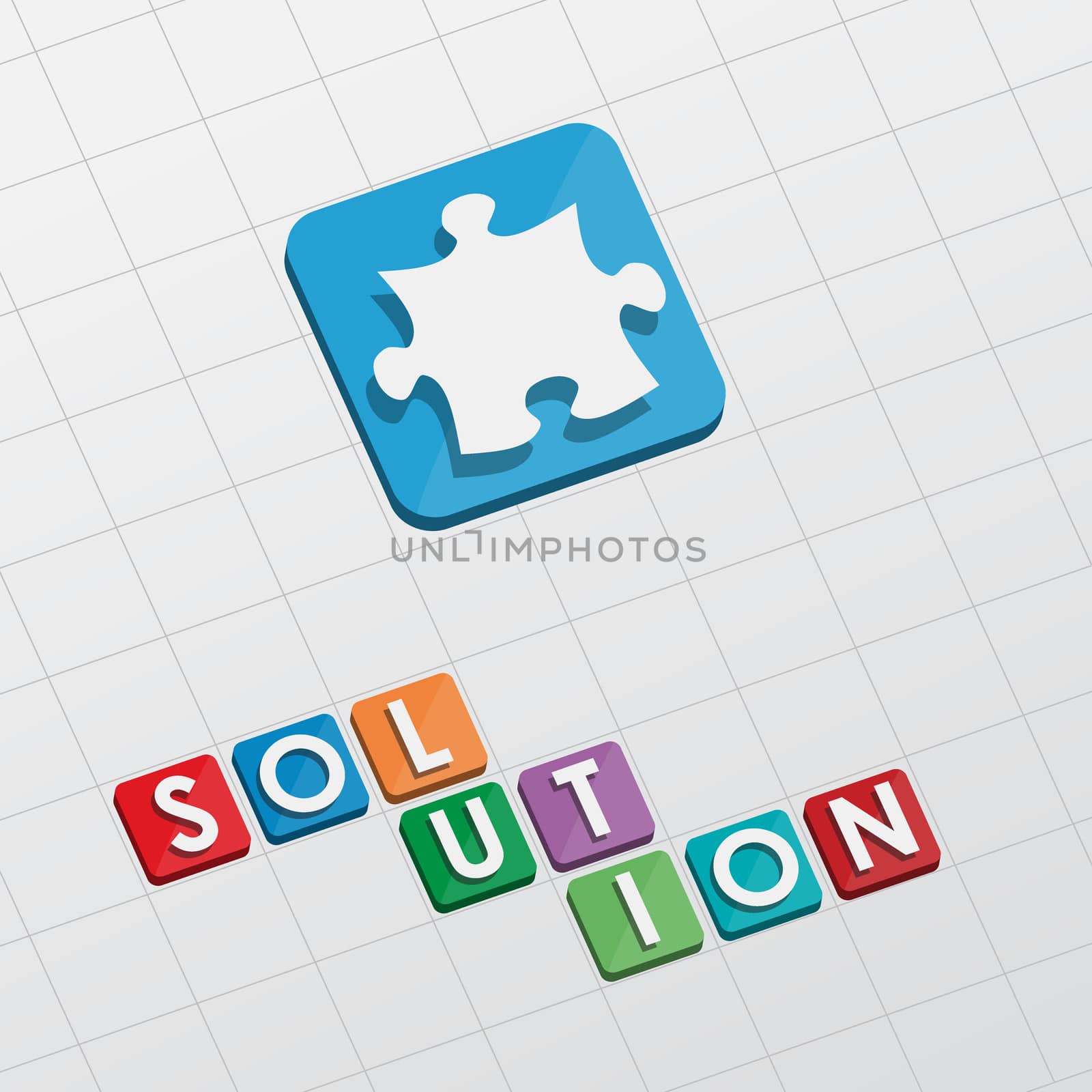 solution and puzzle piece - text with symbol in flat design, business creative concept