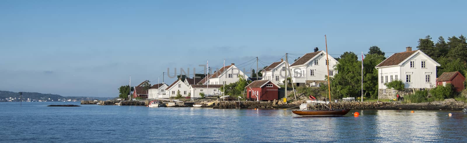 Panorama of coastal community outside Arendal, Norway.