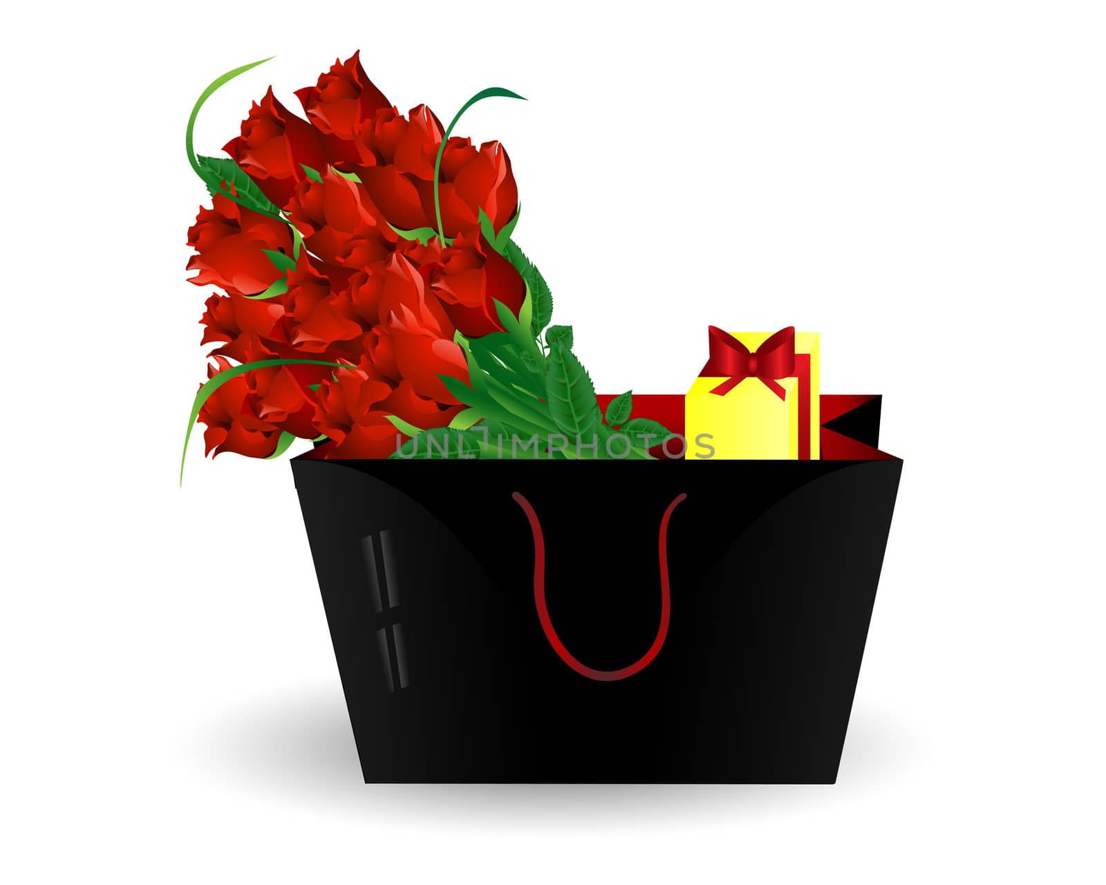 beautiful bouquet of red roses with a gift in a black paper bag