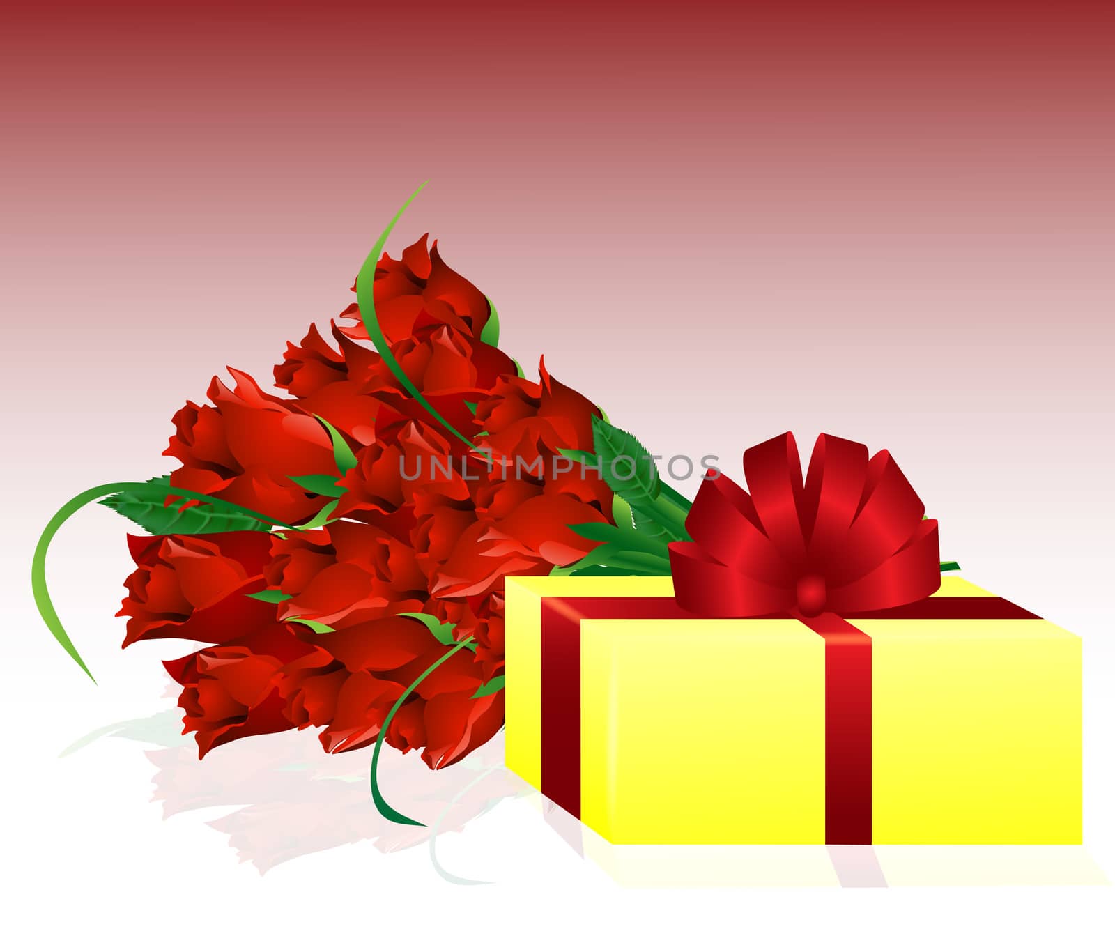 beautiful bouquet of red roses and gift with red bow