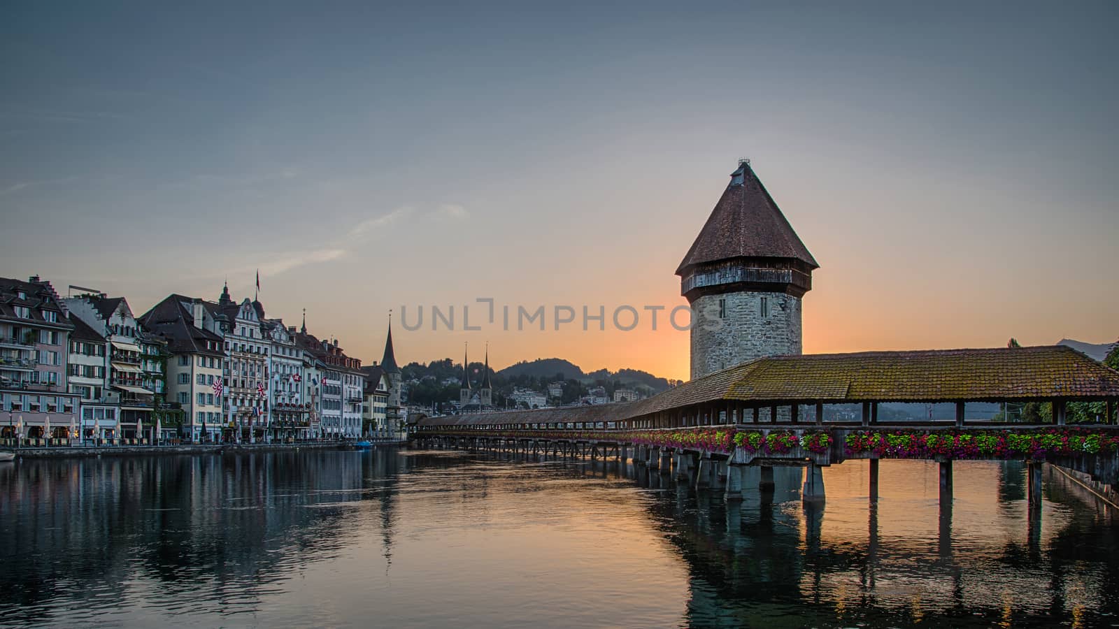 Kapellbrucke at sunrise in Lucerne, Switzerland