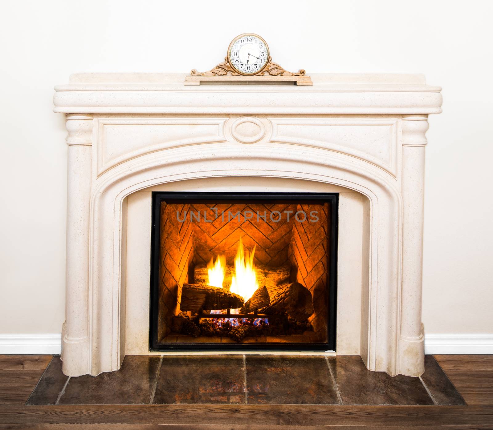 Luxurious White Marble Fireplace Detail and empty white wall