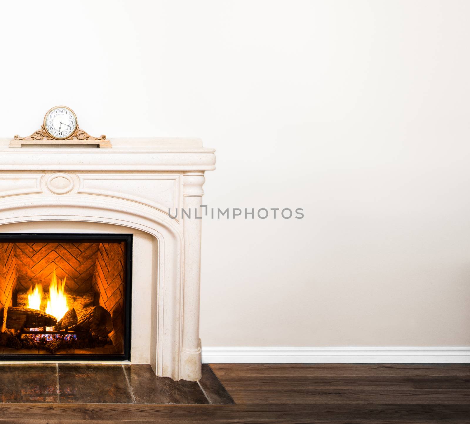 Luxurious White Marble Fireplace and empty wall for your text, logo, images, etc