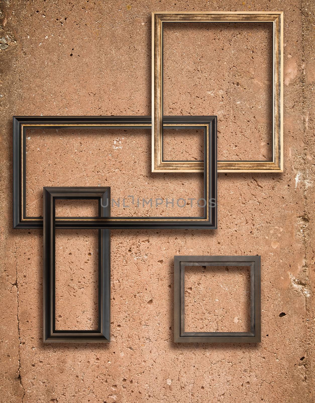 Concrete texture with a lot of details and wooden frames composition