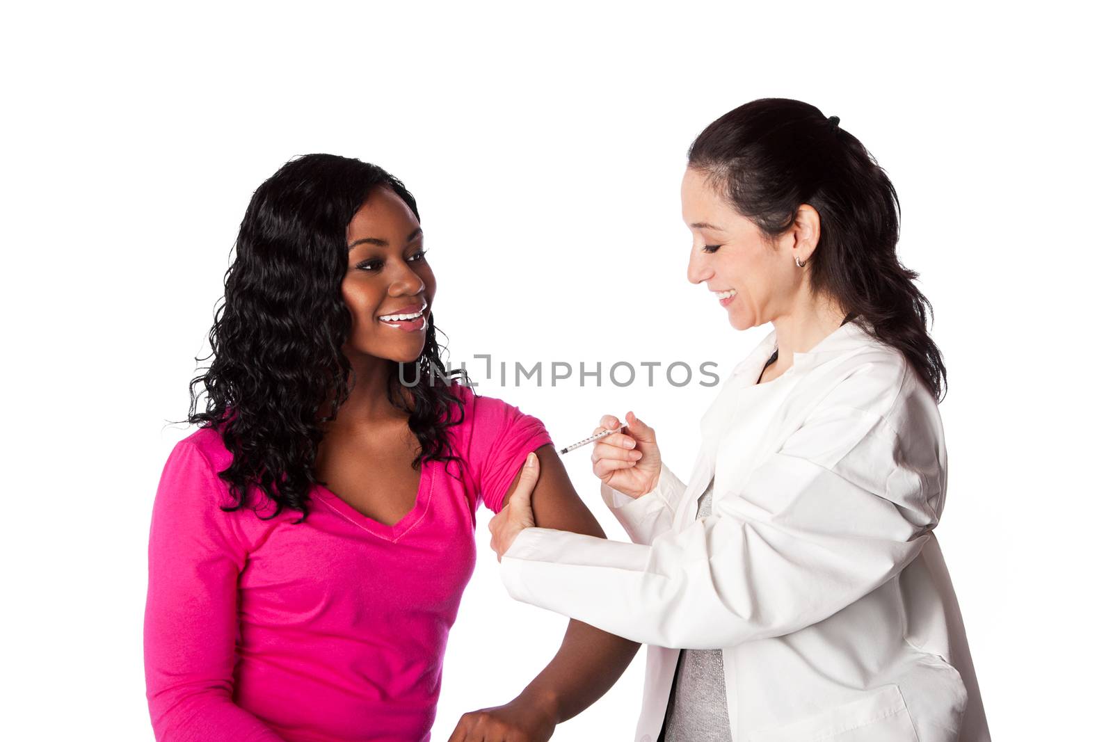 Happy smiling doctor physician vaccinating for epidemic pandemic Flu influenza injecting patient woman syringe in upper arm muscle, isolated.