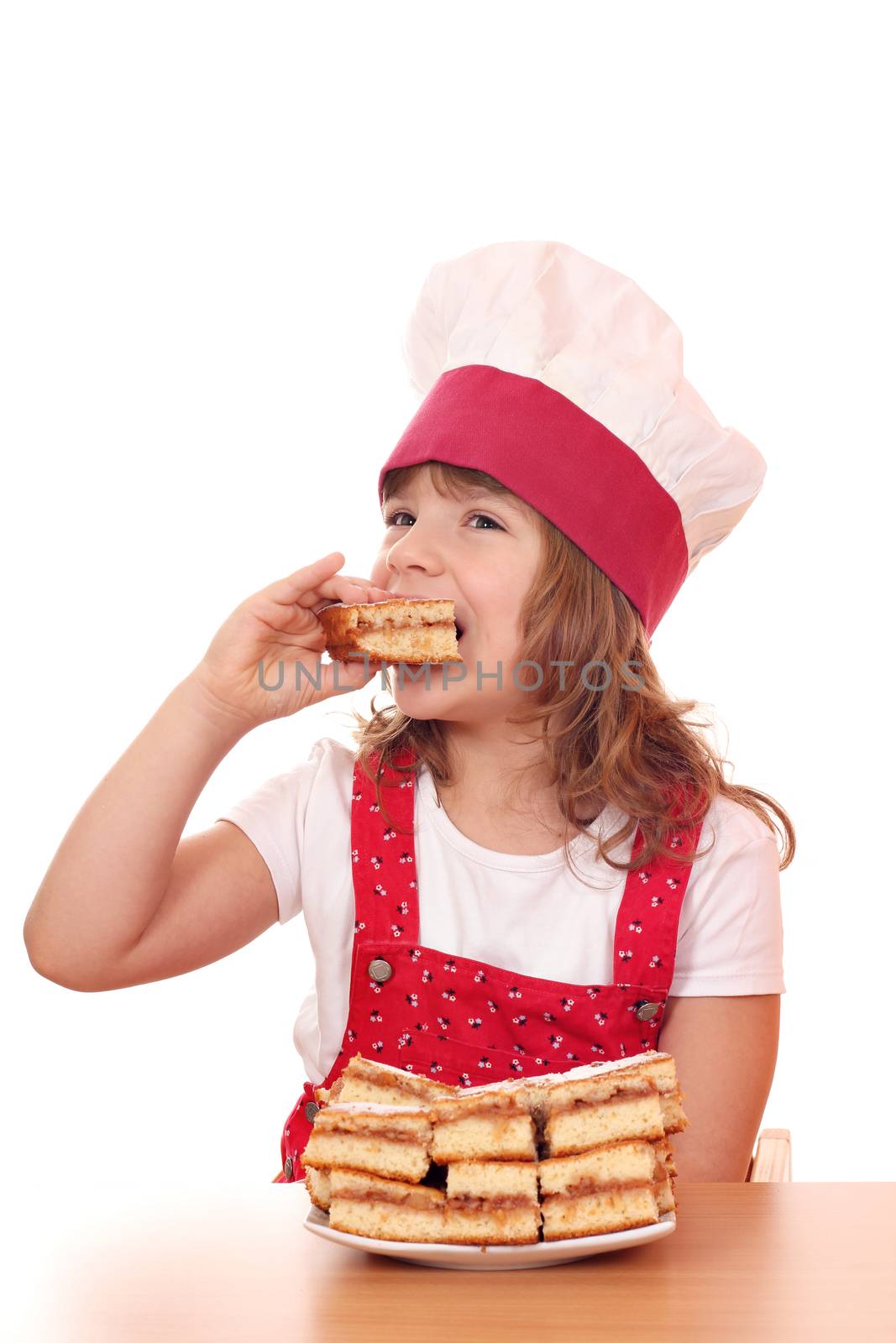 hungry little girl cook eat apple cake by goce