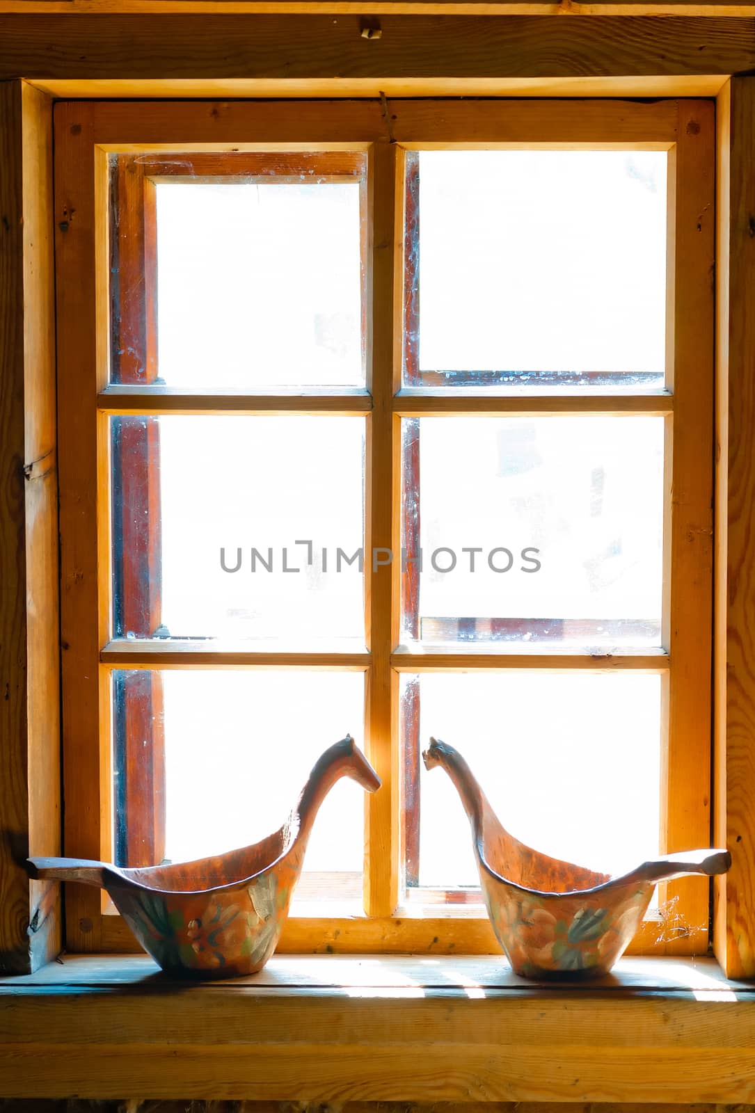 sunlit window Russian huts and carved buckets by kosmsos111