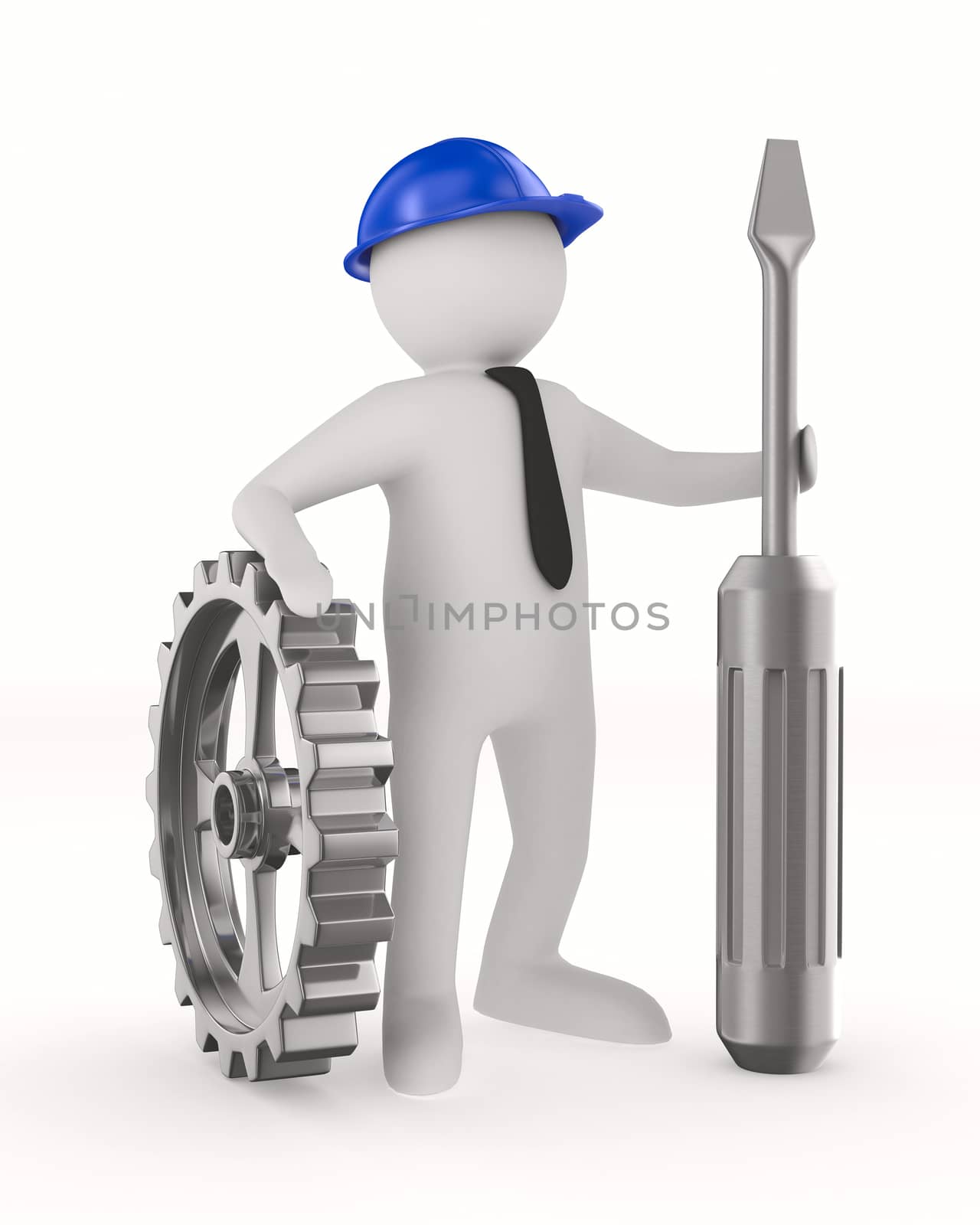 Man with screw driver on white background. Isolated 3D image