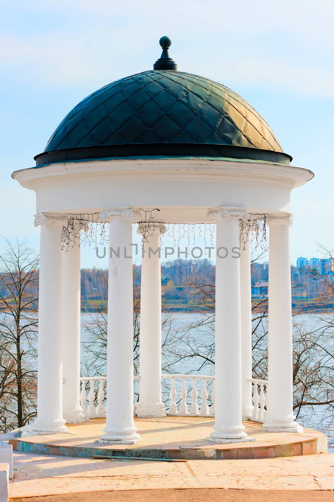 beautiful white gazebo high above the lake