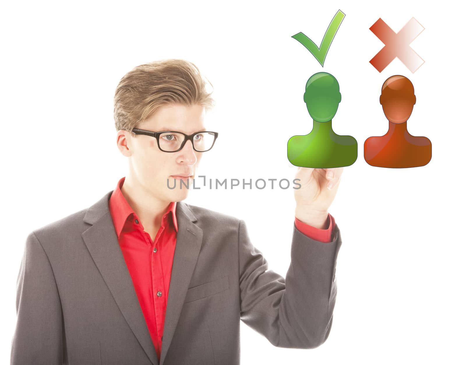 Young man selecting yes or no isolated on white background by gigra
