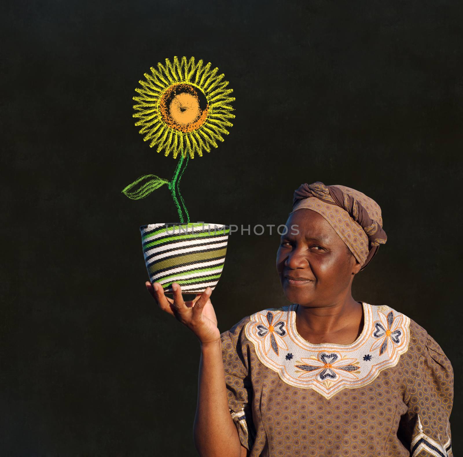 South African Zulu woman basket sales woman blackboard sunflower