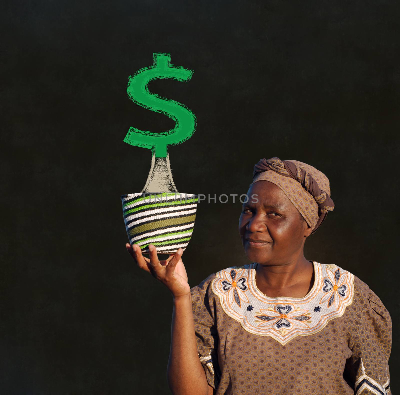 South African Zulu woman basket sales woman blackboard money tree