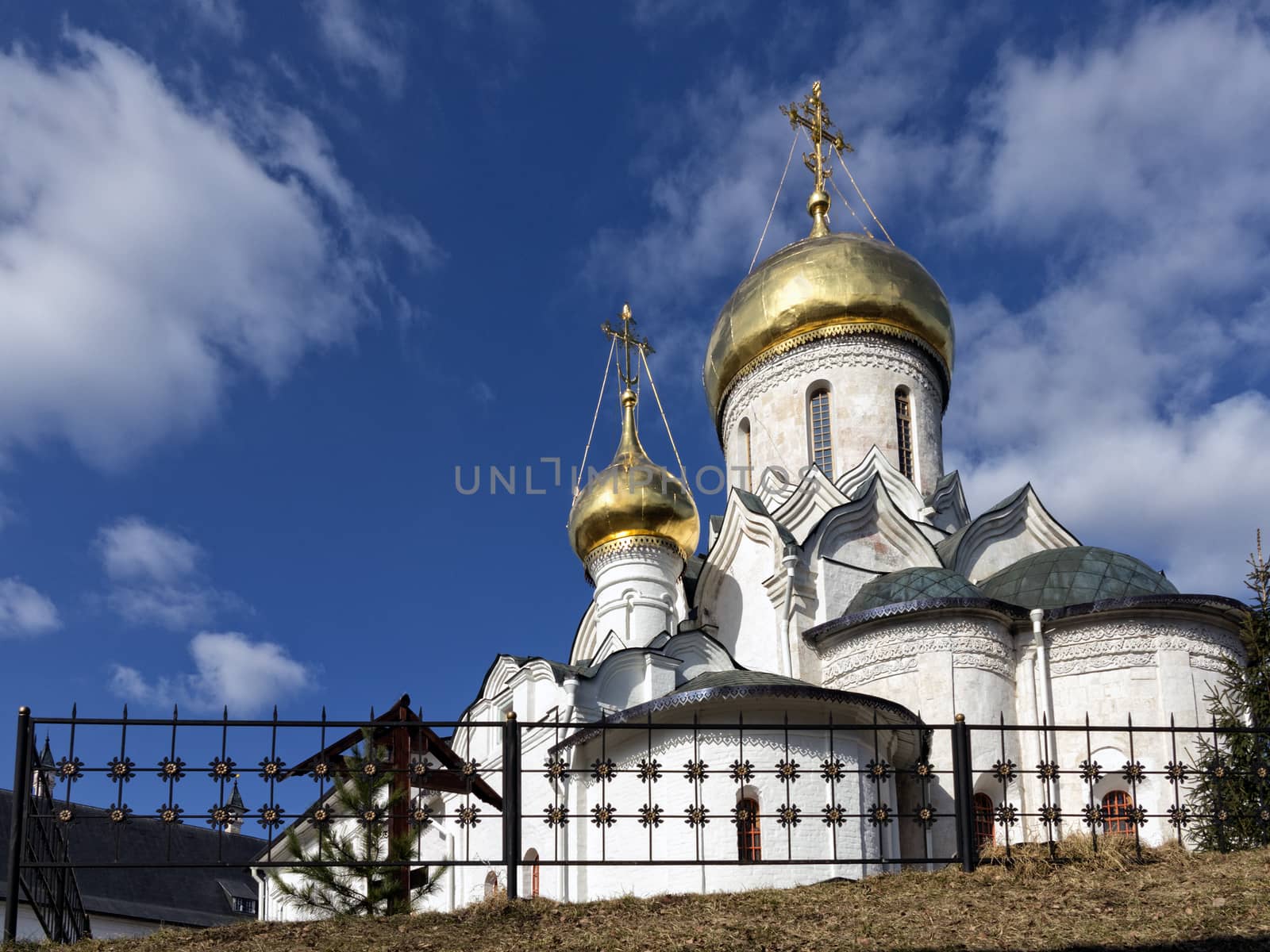White stone Cathedral of Nativity of Virgin  Savvino-Storozhevsky monastery founded in 1407, Zvenigorod, Russia