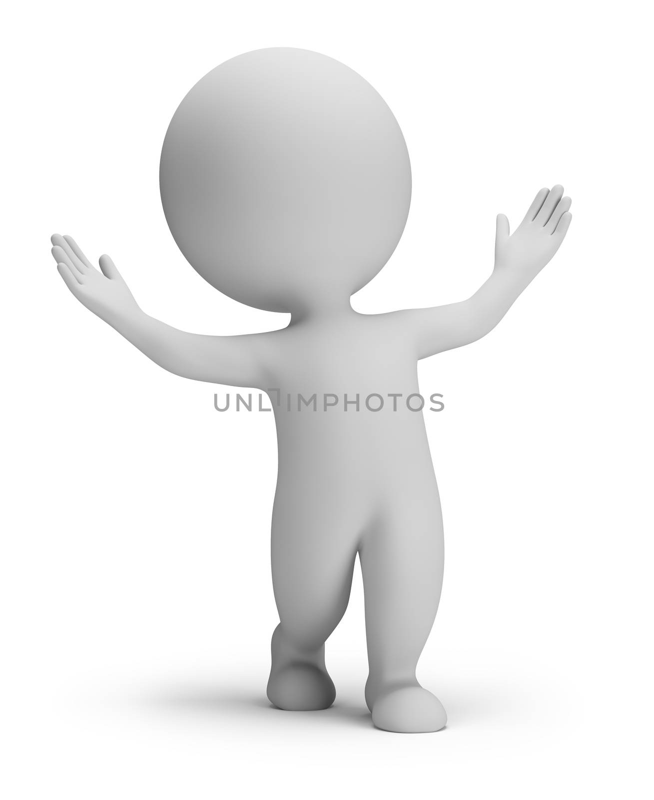 3d small person in a pose of surprise. 3d image. White background.