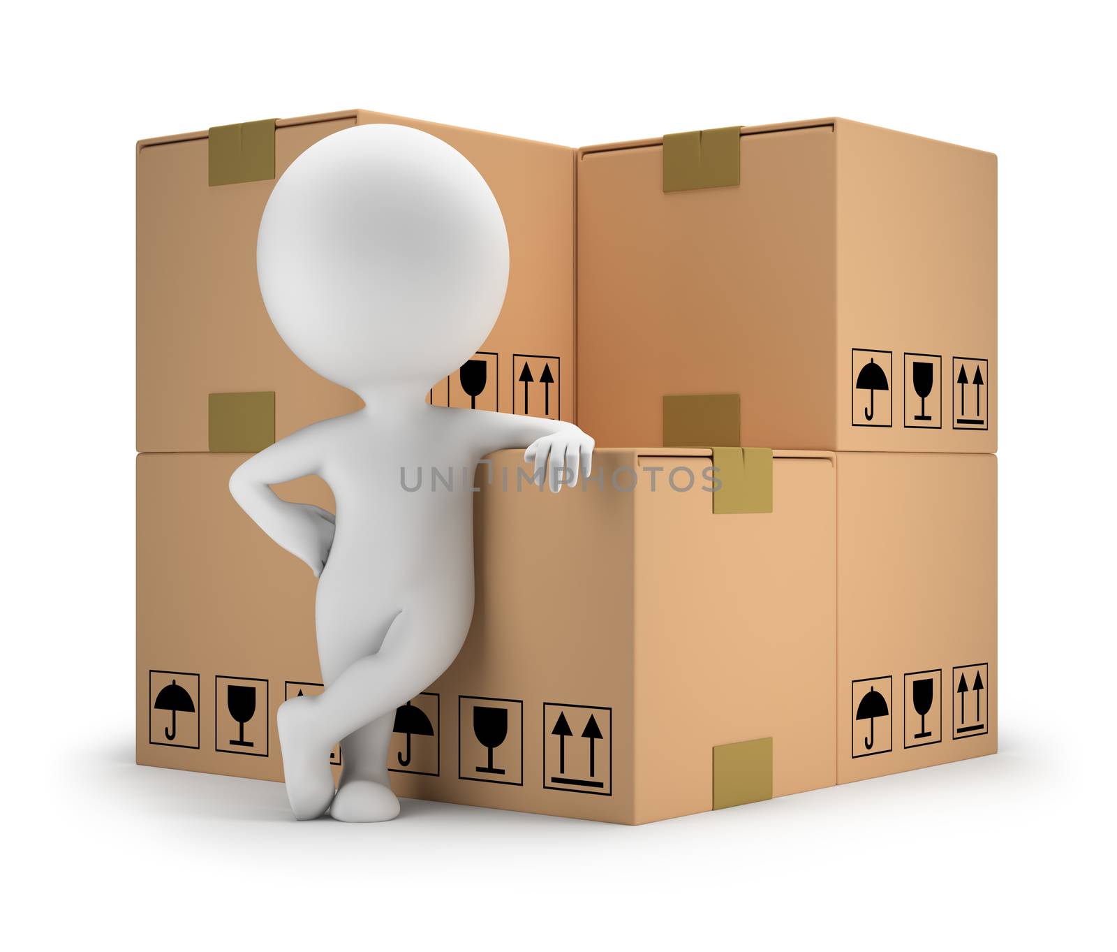 3d small person standing next to cardboard boxes. 3d image. White background.