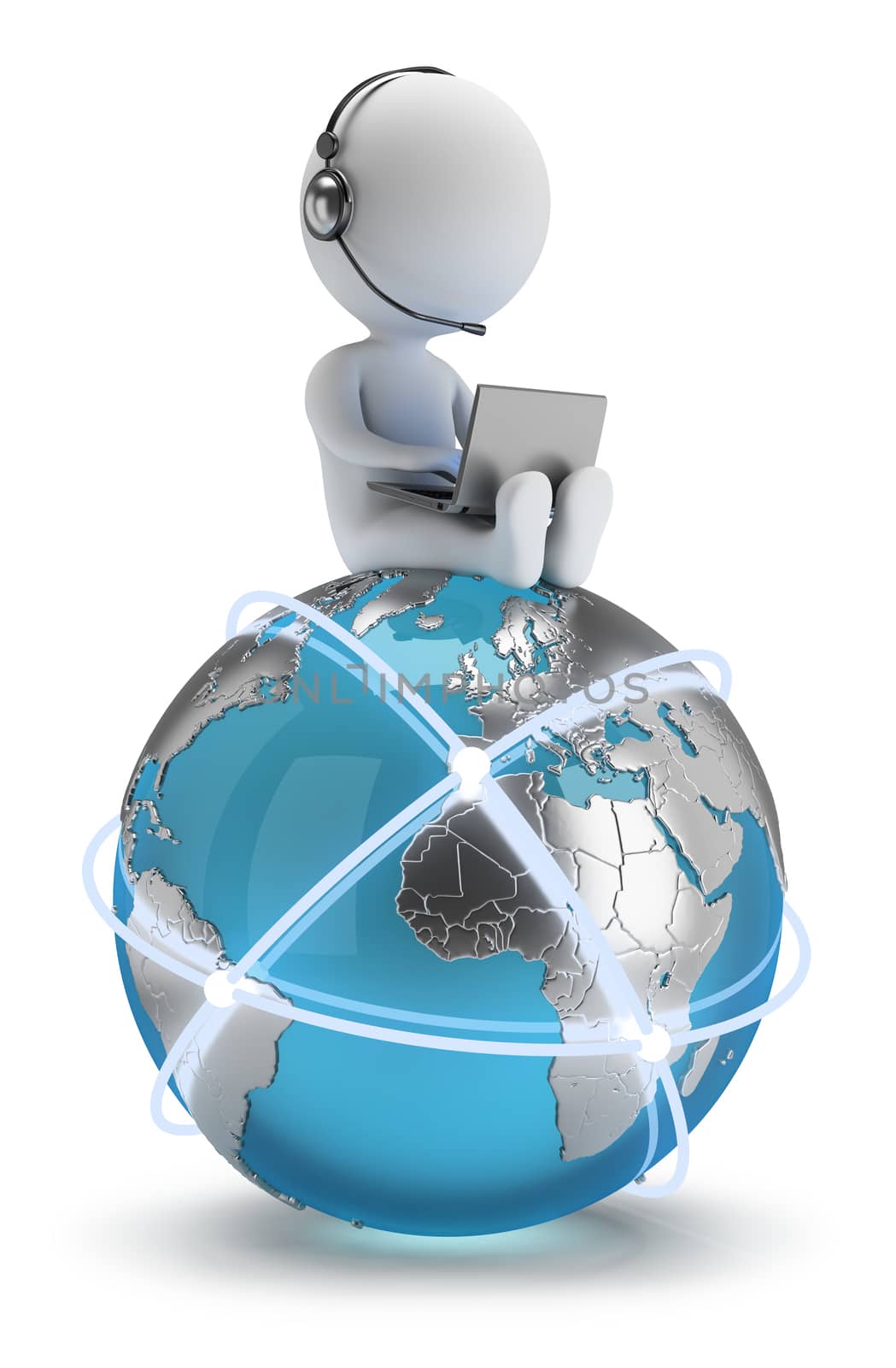 3d small person sitting with a laptop on the Earth with a global network. 3d image. White background.