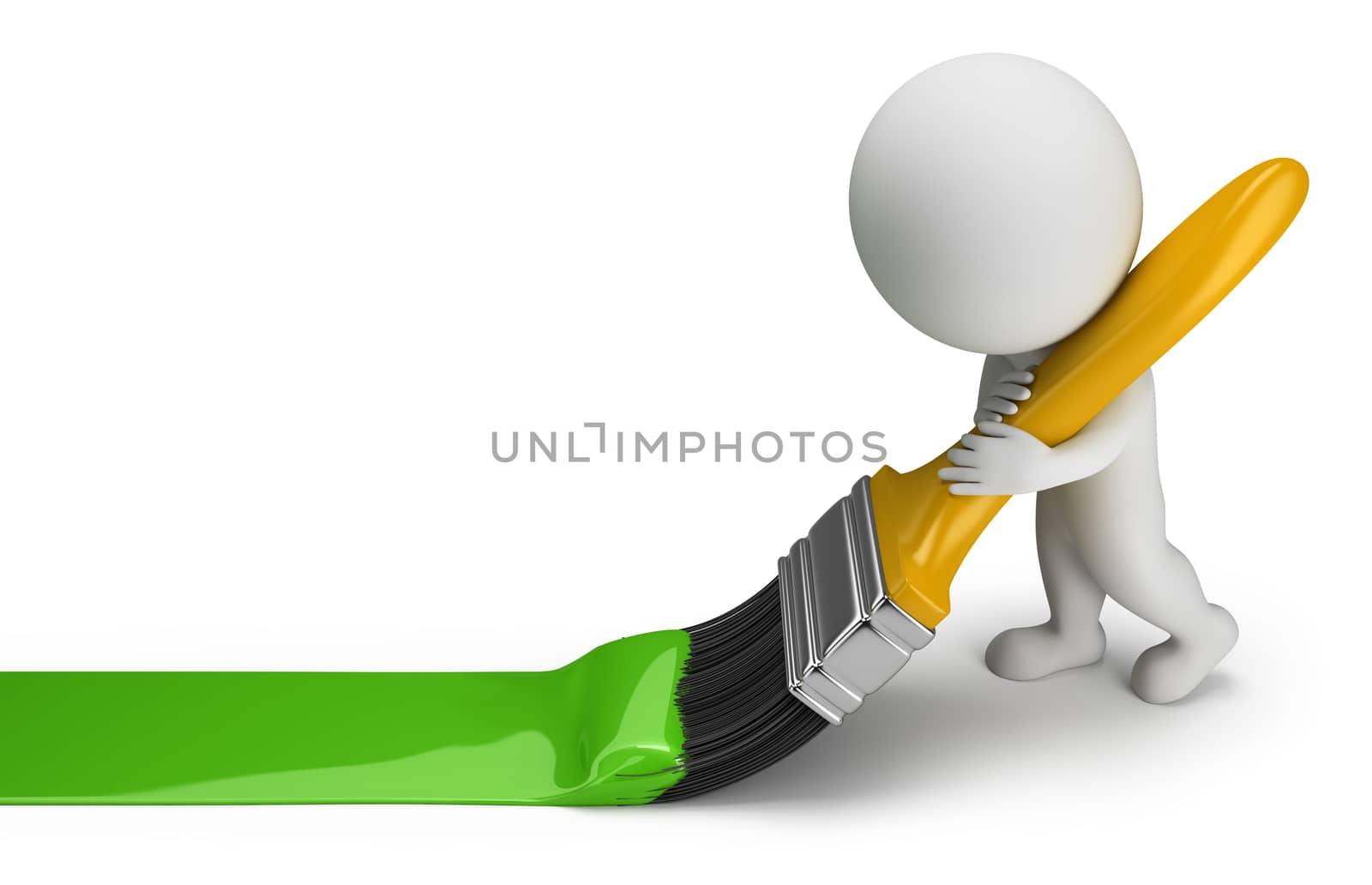 3d small person draws a green line brush. 3d image. White background.