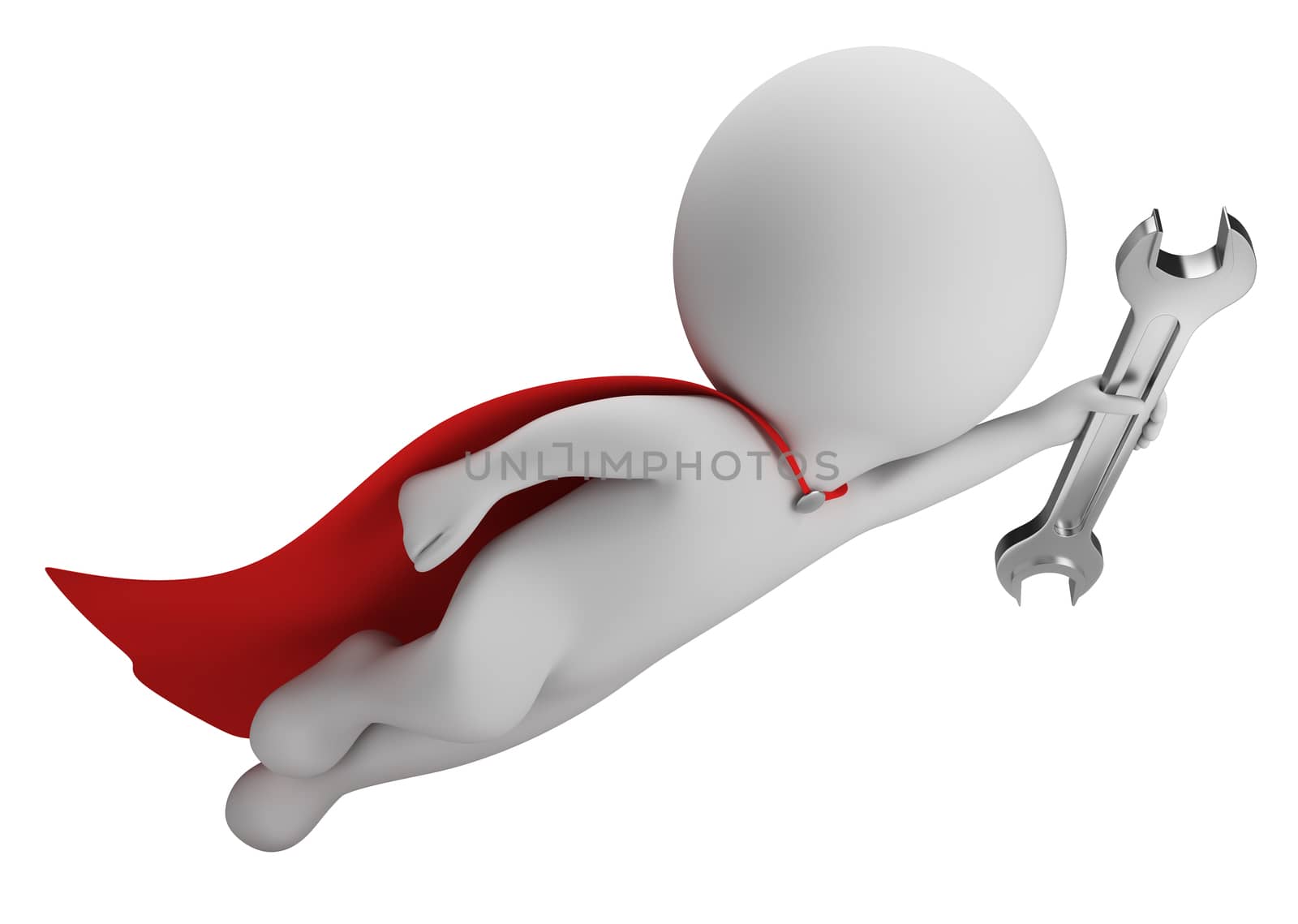 3d small person - superman flying with a wrench in hand. 3d image. White background.