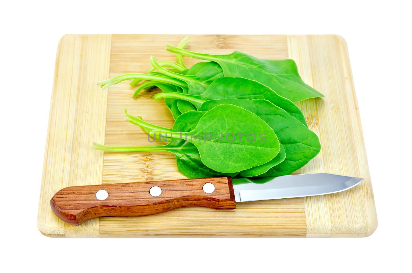Green spinach on a small board with knife isolated on white background