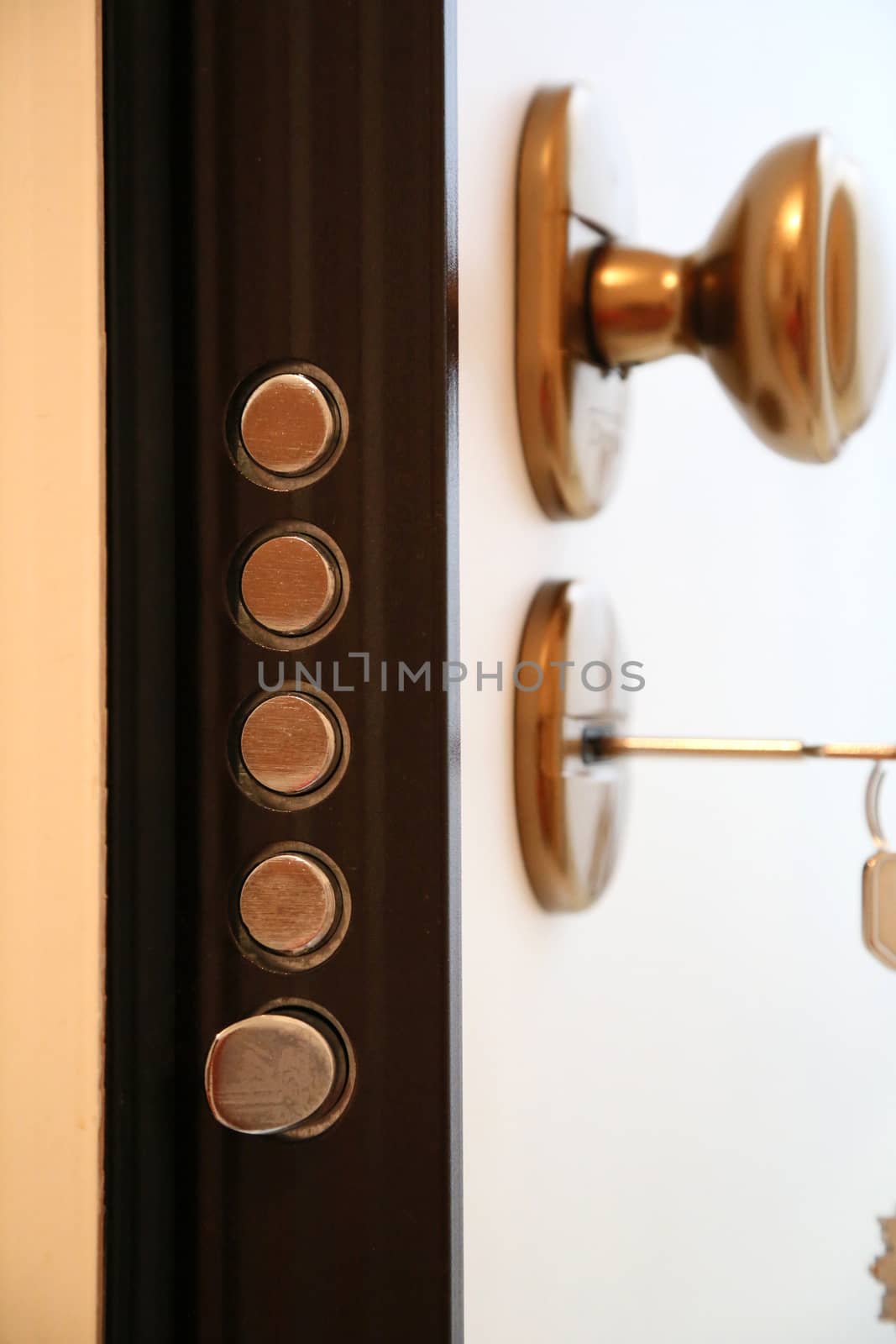 Security door latches with doorknob, lock and keys in the background