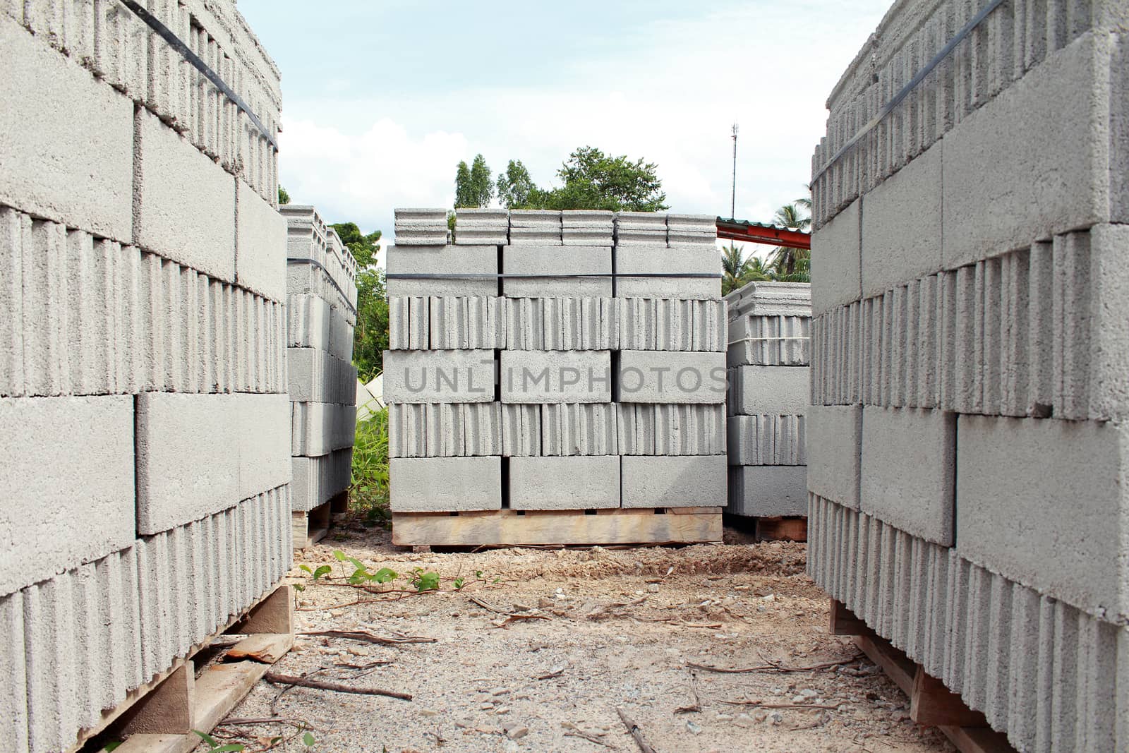 Pallets of concrete blocks