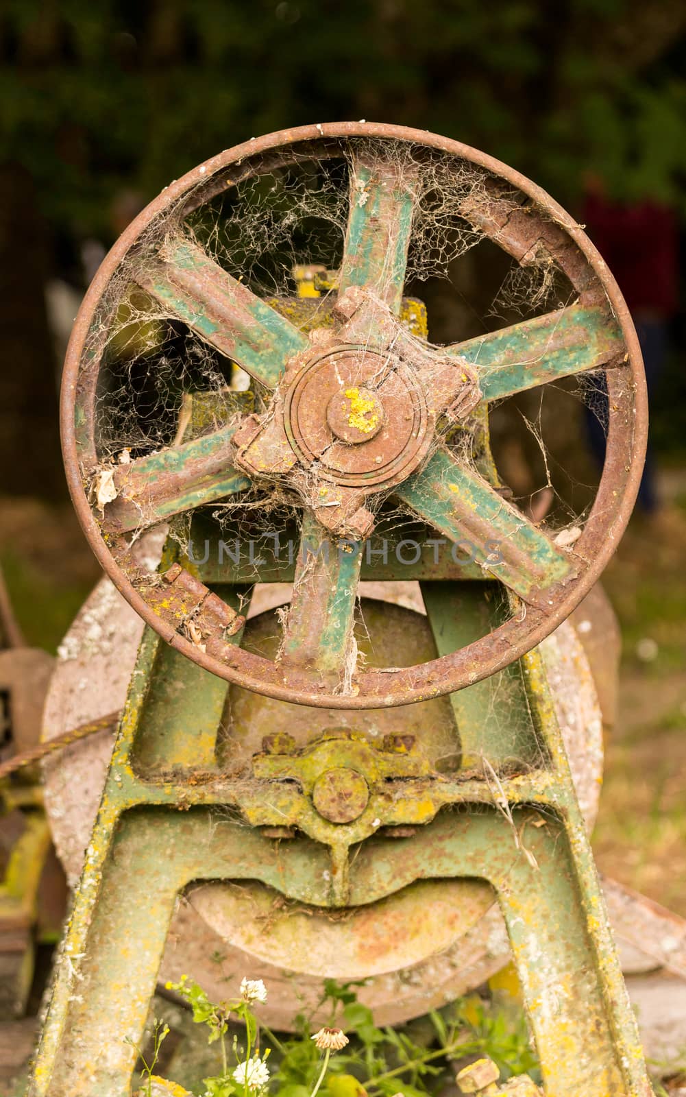 Rusty farm equipment or machinery abandoned in forest with flywheel and motor pulley
