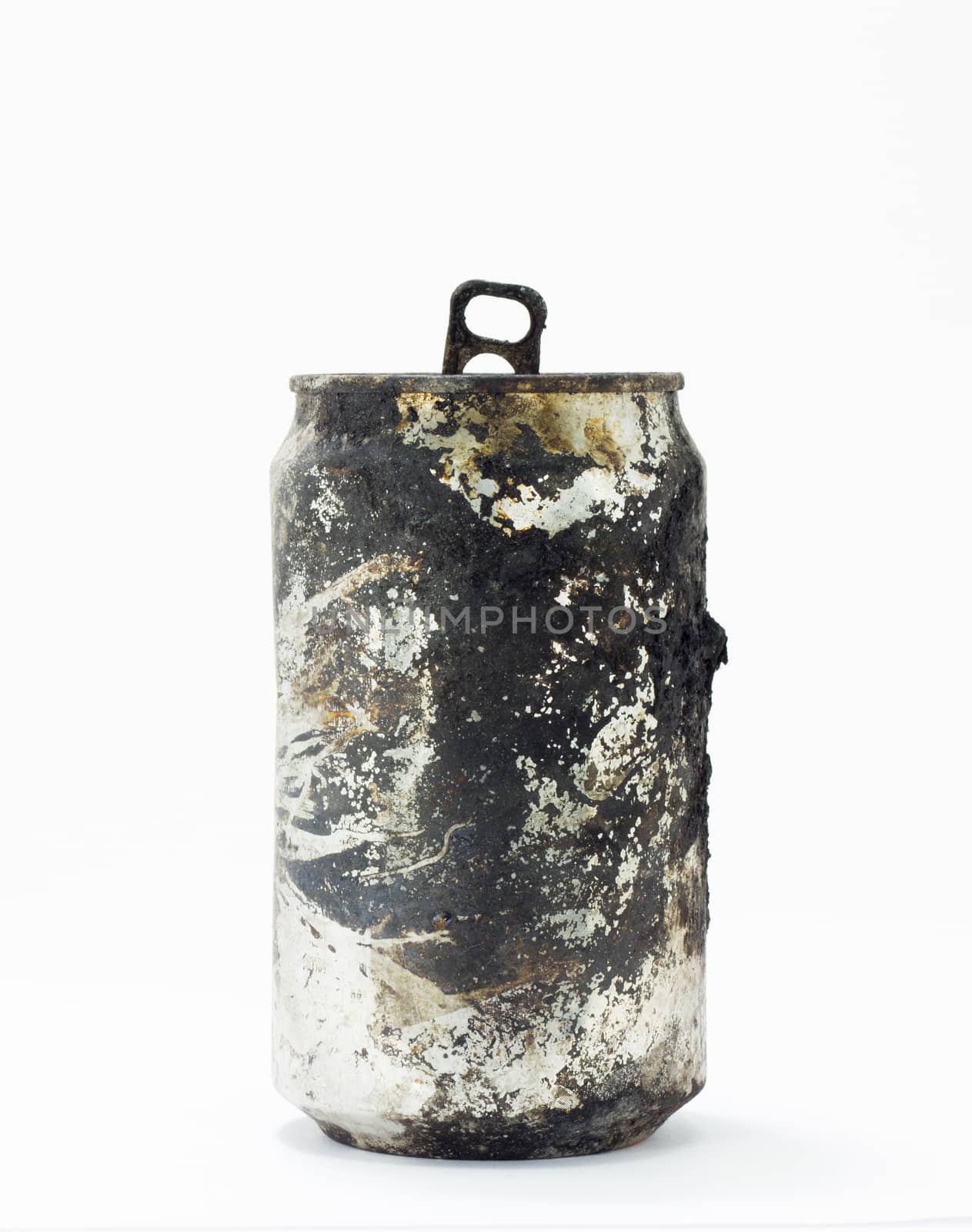 burnt cola can in white background full of fire ash and dirty