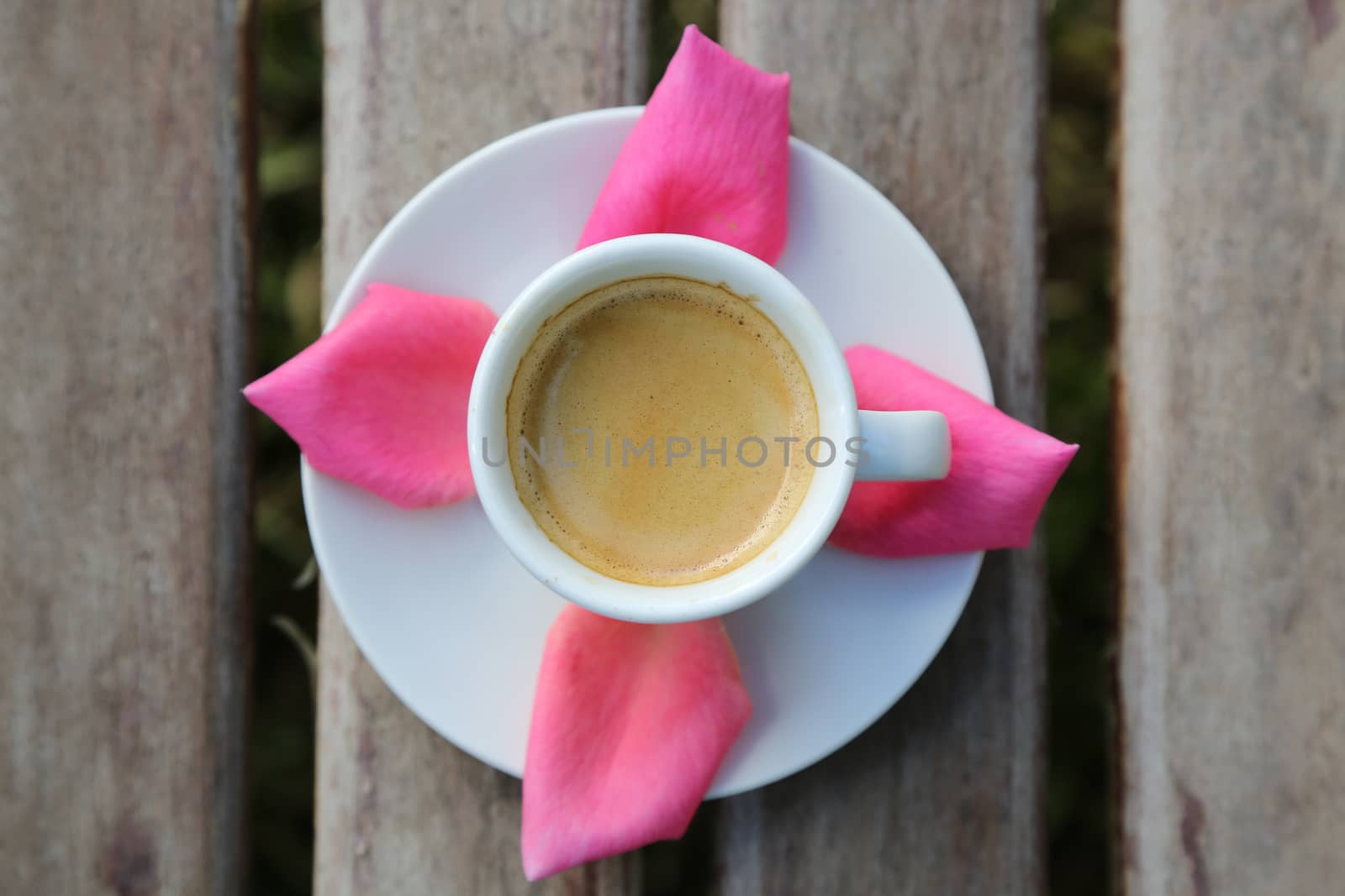 Cup of coffee and pink rose petals around the cup on the old wooden surface