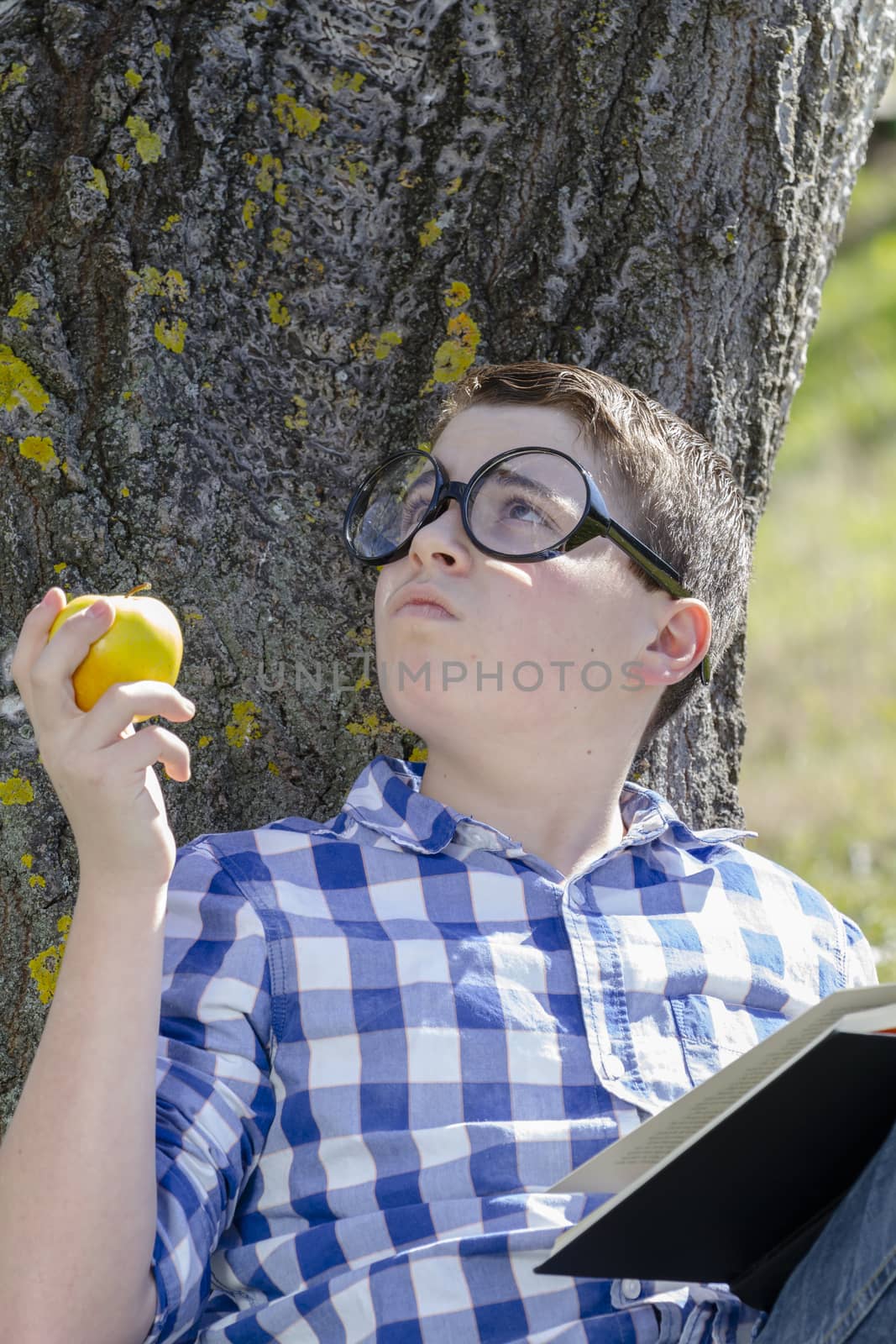 Young boy reading a book in the woods with shallow depth of fiel by FernandoCortes