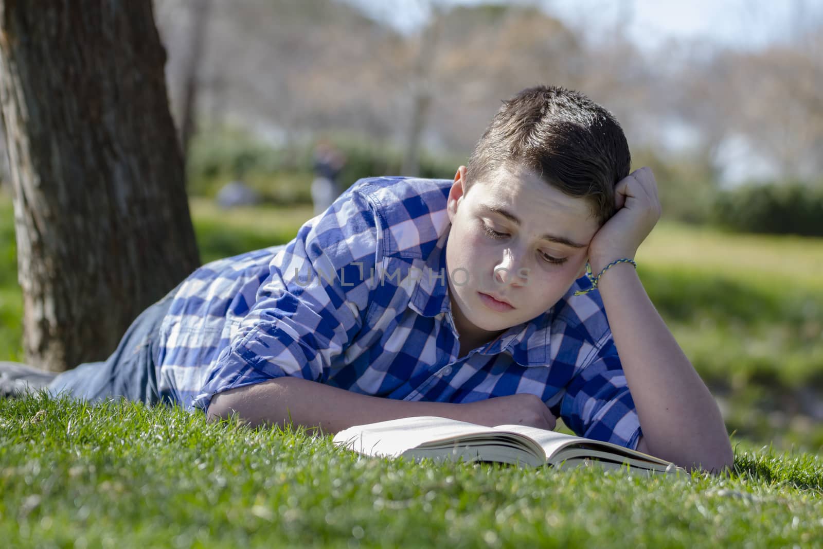 Young boy reading a book in the woods with shallow depth of fiel by FernandoCortes