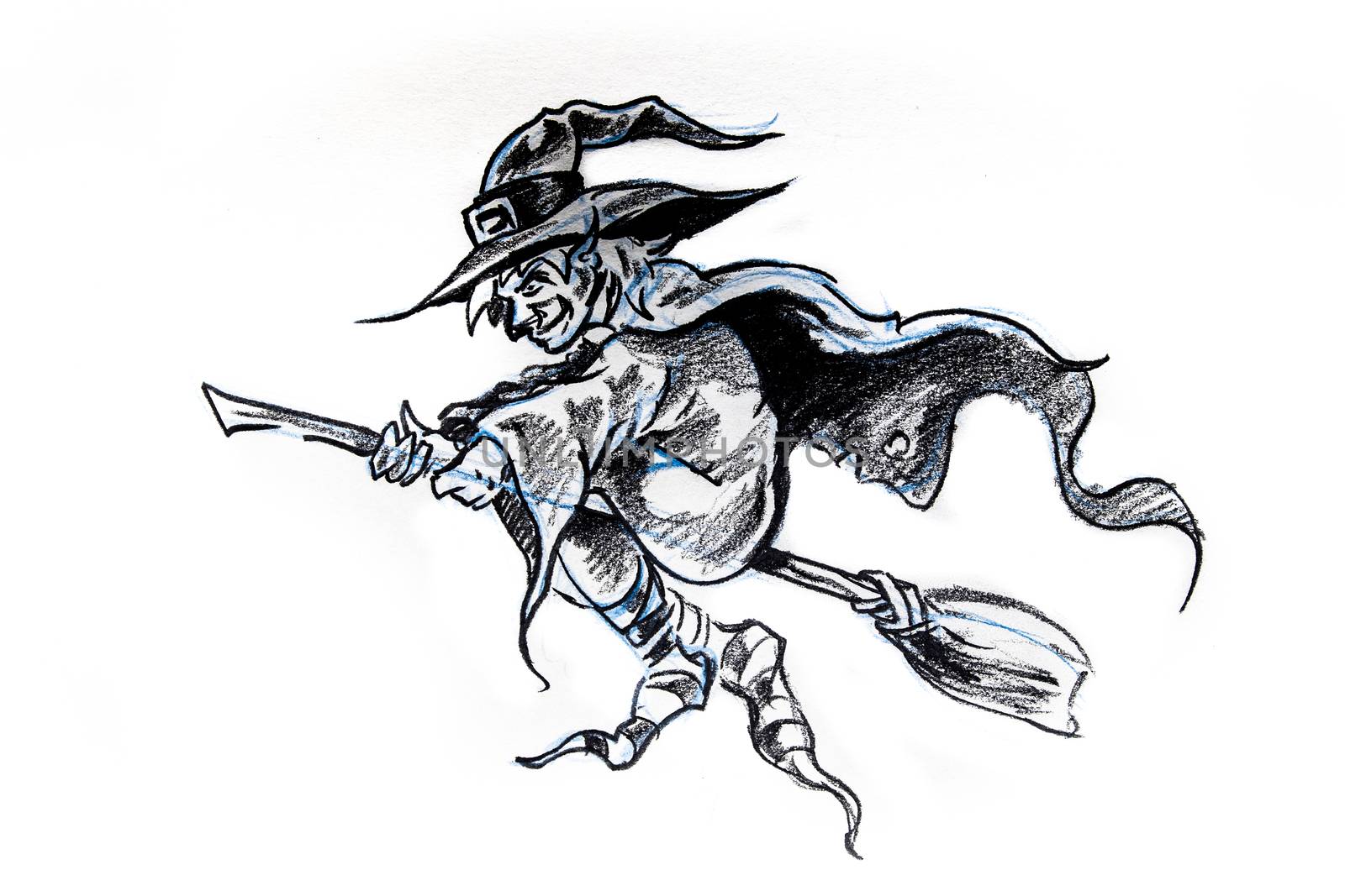 witch flying on a broom, sketch of tattoo by FernandoCortes