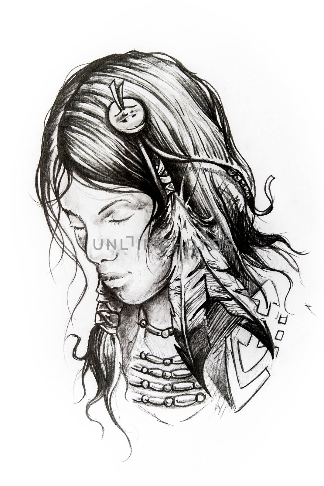 American indian woman head, sketch of tattoo by FernandoCortes