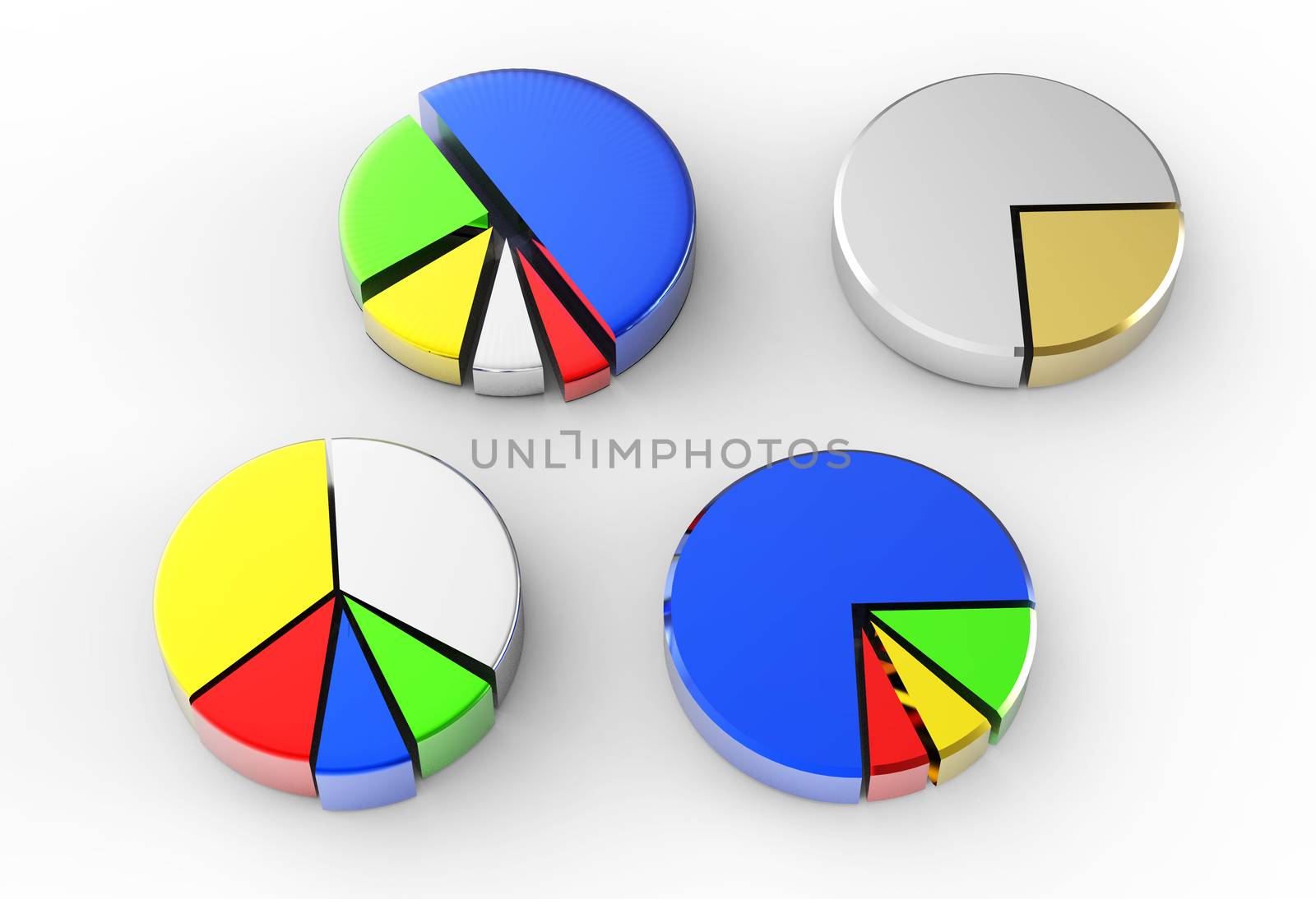 set of different pie chart on isolated background