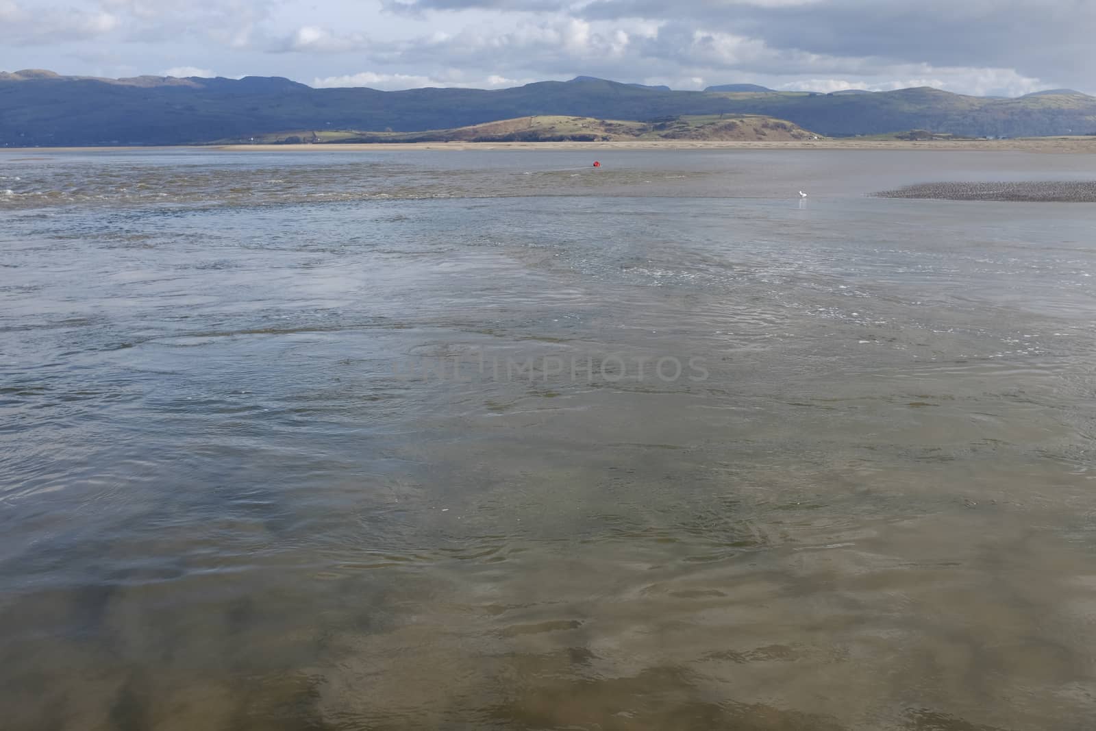 A stretch of water, a tidal estuary, with a choppy outer current and a near water under current displacing sand from the bed to the upper surface.