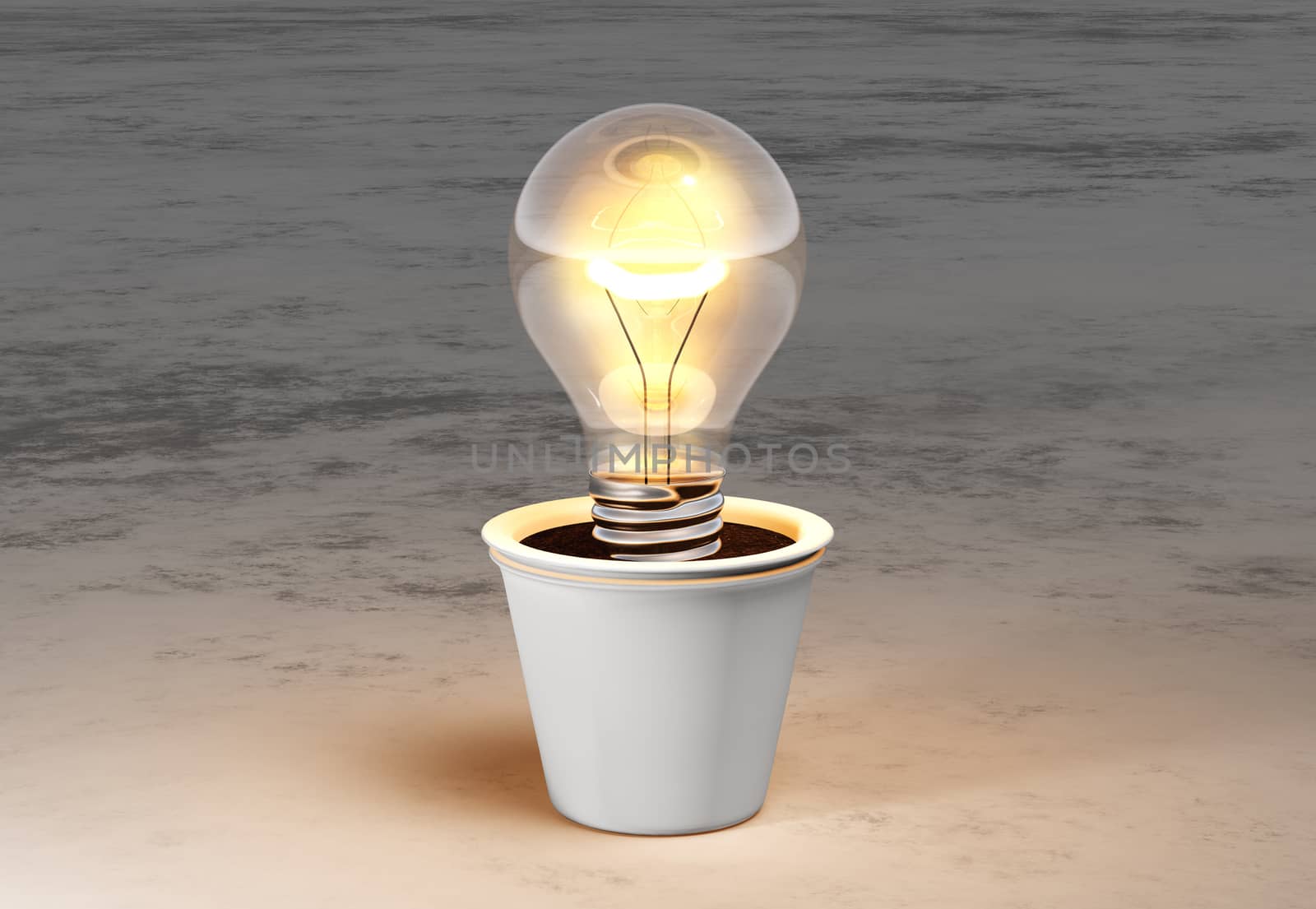 a light bulb with warm light is planted in a white vase and lies on a white and grey abstract ground