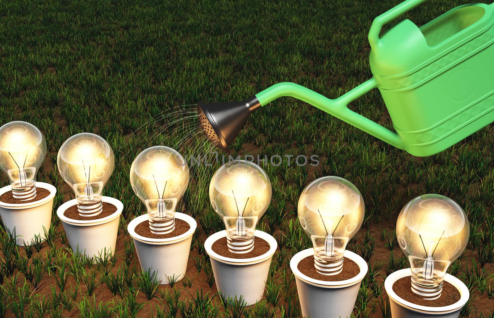 some lit light bulbs in white pots arranged in a row are watered by a green watering can, on a grassy ground