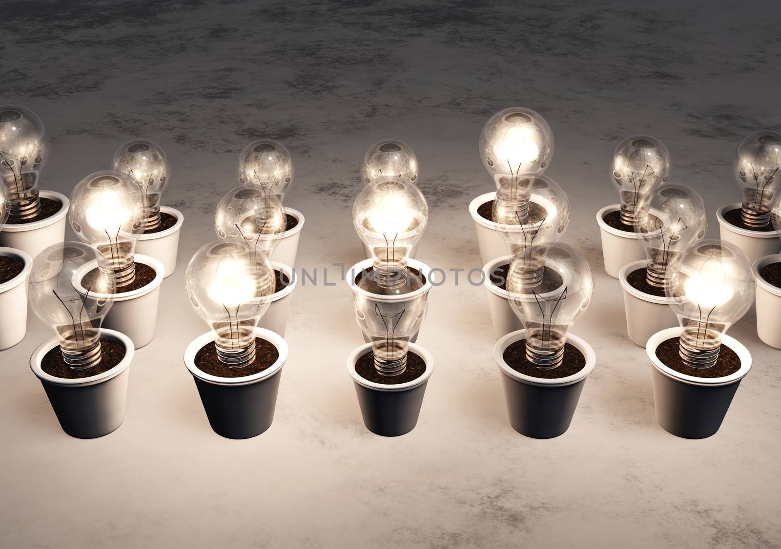 rows of light bulbs with different sizes in white pots lie on a white and gray abstract ground, some light bulbs are lit randomly with a white light