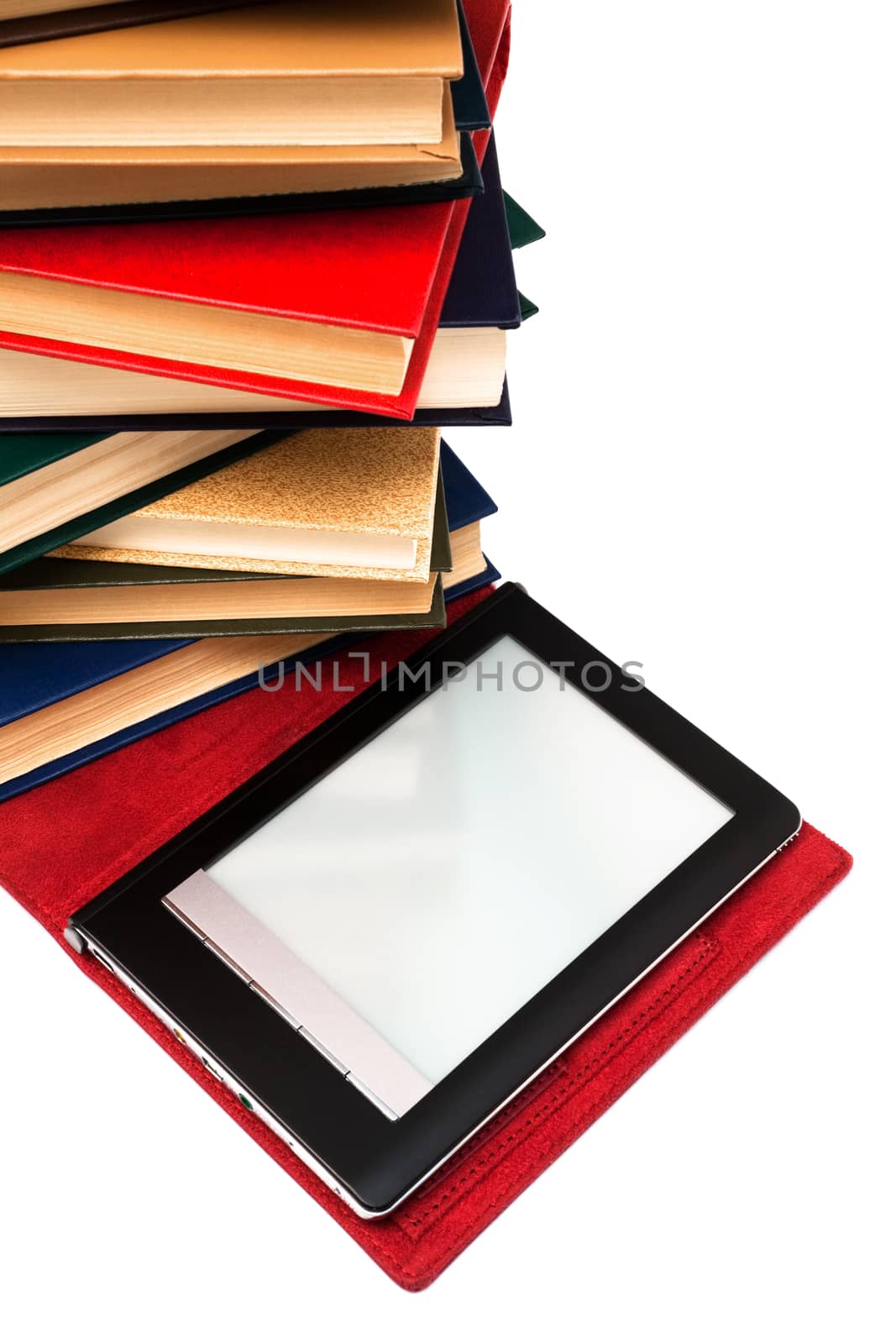 reader and old books on a white background