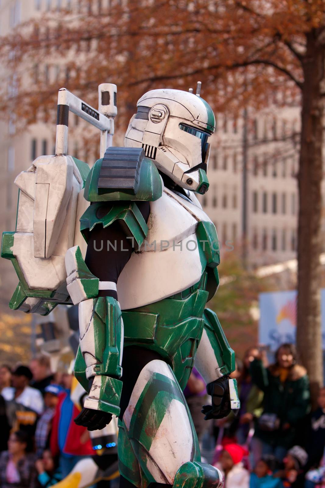 Atlanta, GA, USA - December 1, 2012:  A character from the Star Wars movies walks down Peachtree Street while taking part in the annual Atlanta Christmas parade in downtown Atlanta.