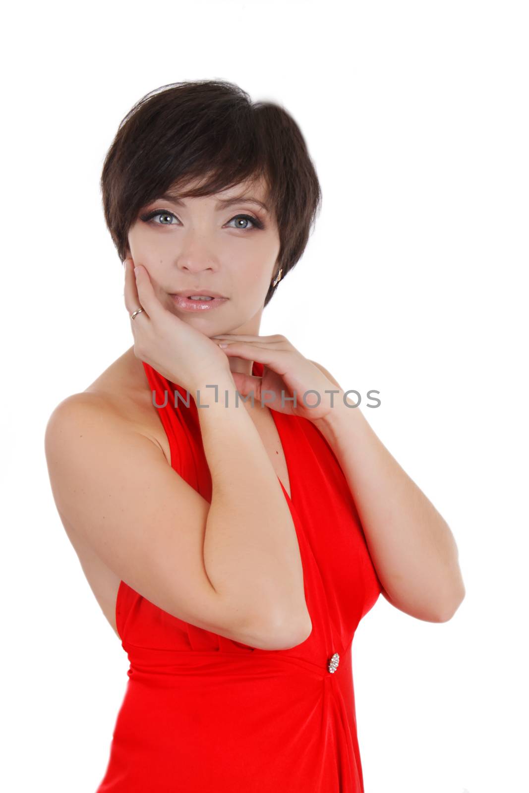 Elegant woman in red dress and make-up isolated on white