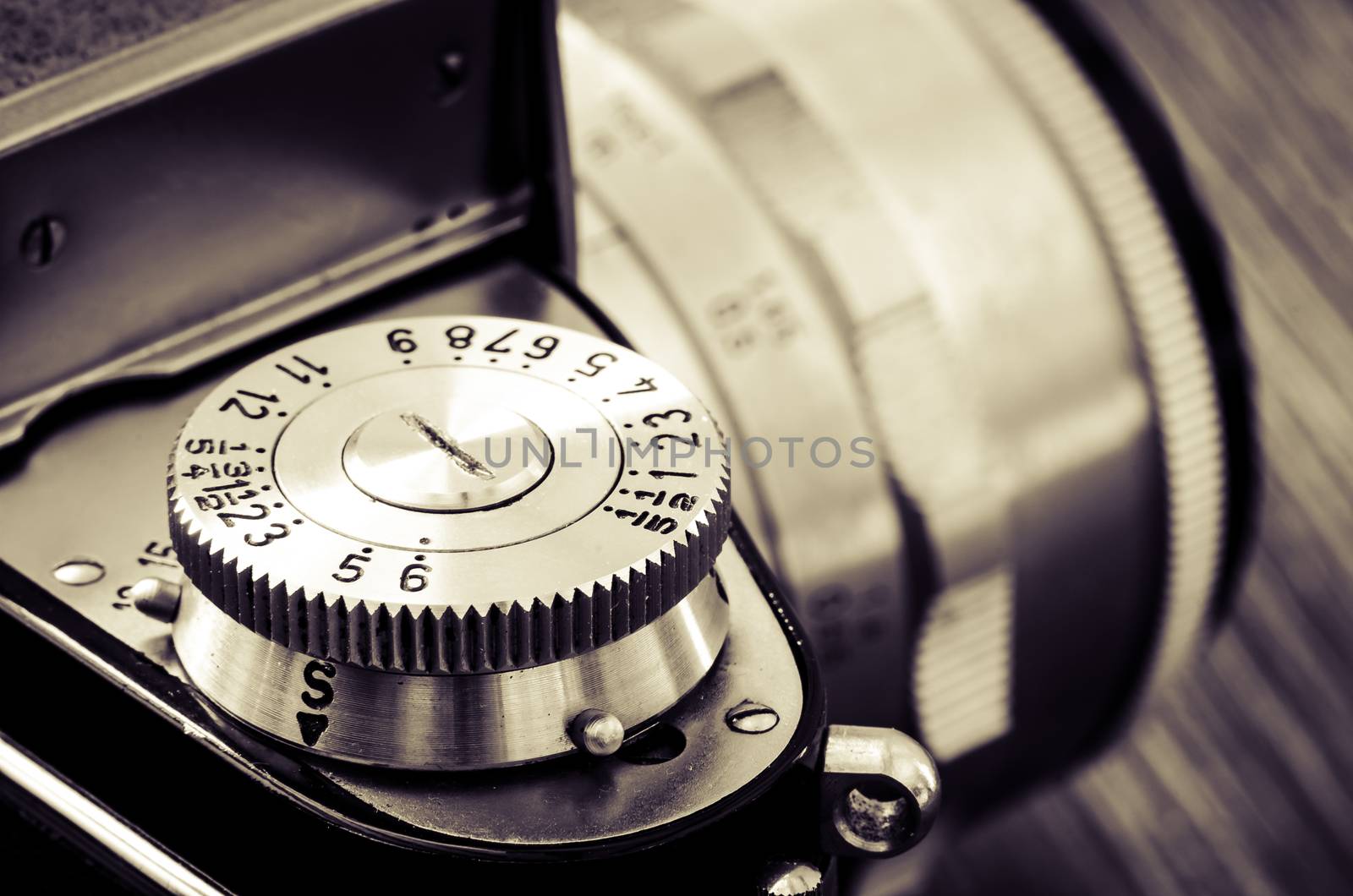 Detail of old classic camera mechanical dials in vintage style