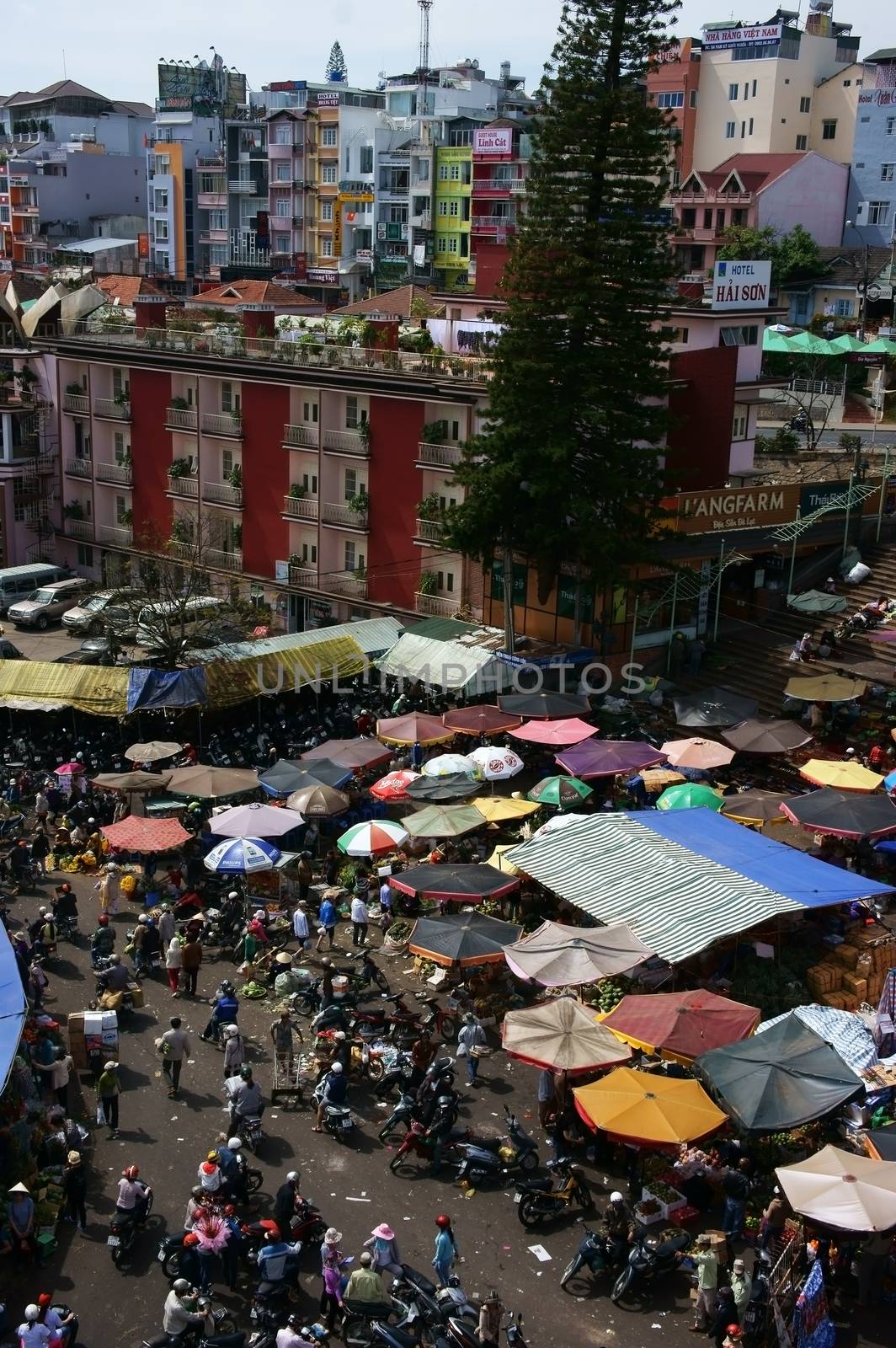 DA LAT, VIET NAM- FEB 8: Crowded, busy scene 's market with crowd of people go to markets to buy goods repair for Tet (Lunar New Year) in Da Lat, Viet Nam on February 8, 2013