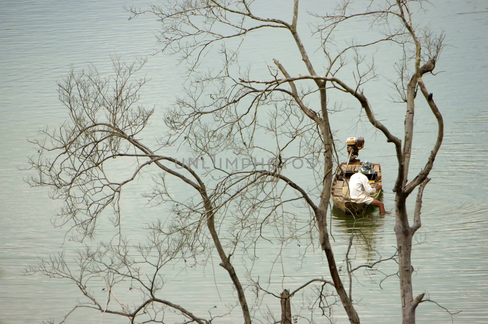  DAK LAK, VIET NAM- SEPTEMBER 3: The lake with dry tree, fisherman net fish on lake in Dak Lak, Viet Nam on September 3, 2013     