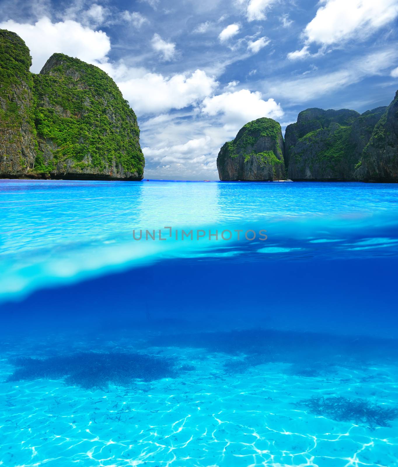 Beautiful lagoon with white sand bottom underwater view by haveseen