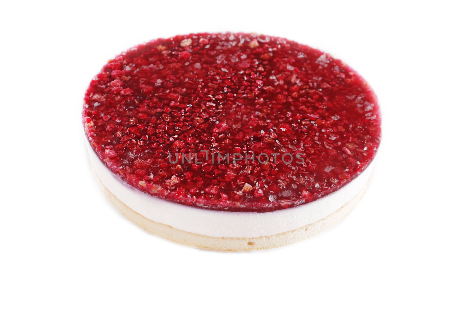 Cheesecake with raspberry on a plate over white