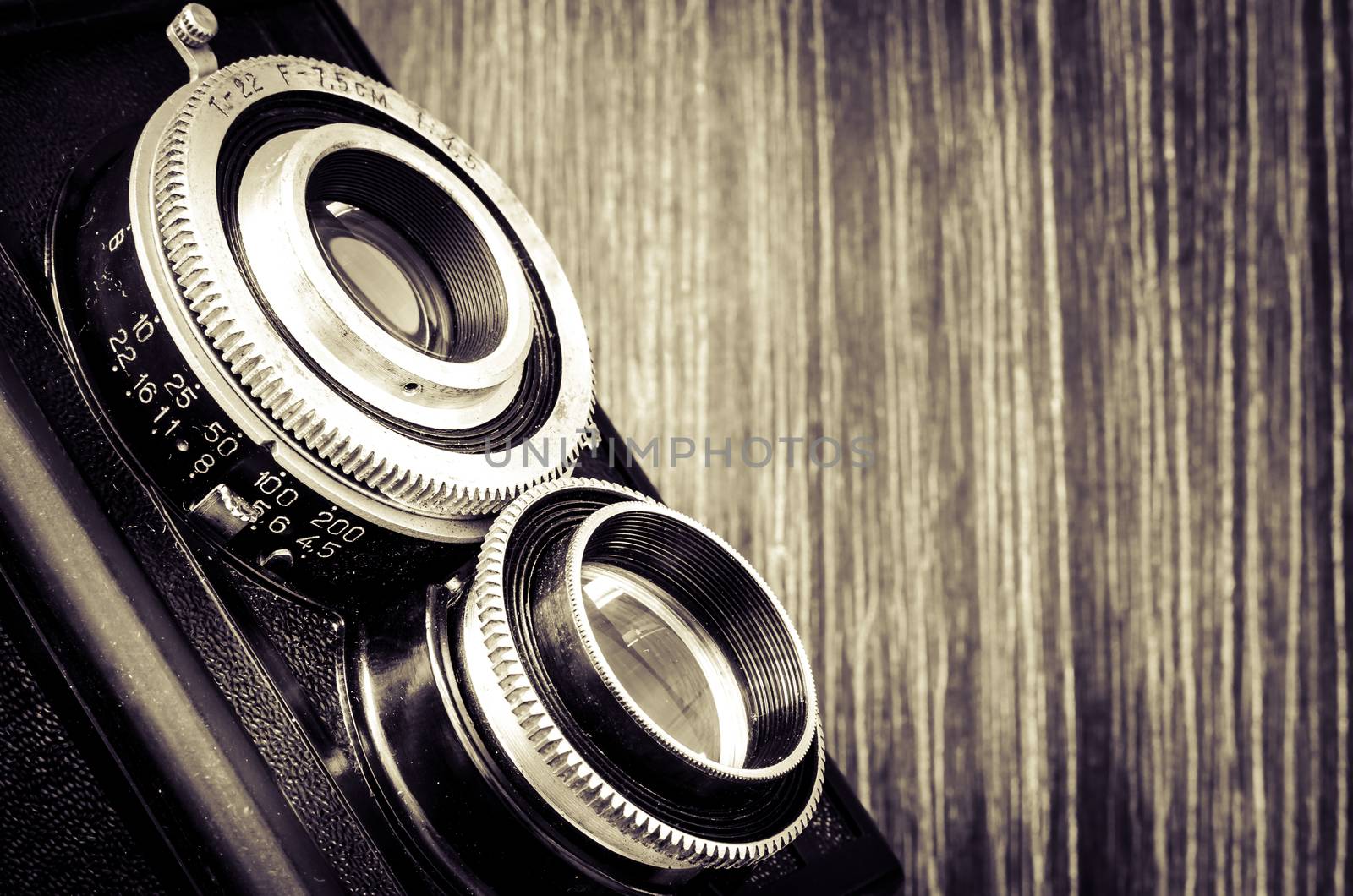 Detail of old fashioned classic camera in vintage style by martinm303