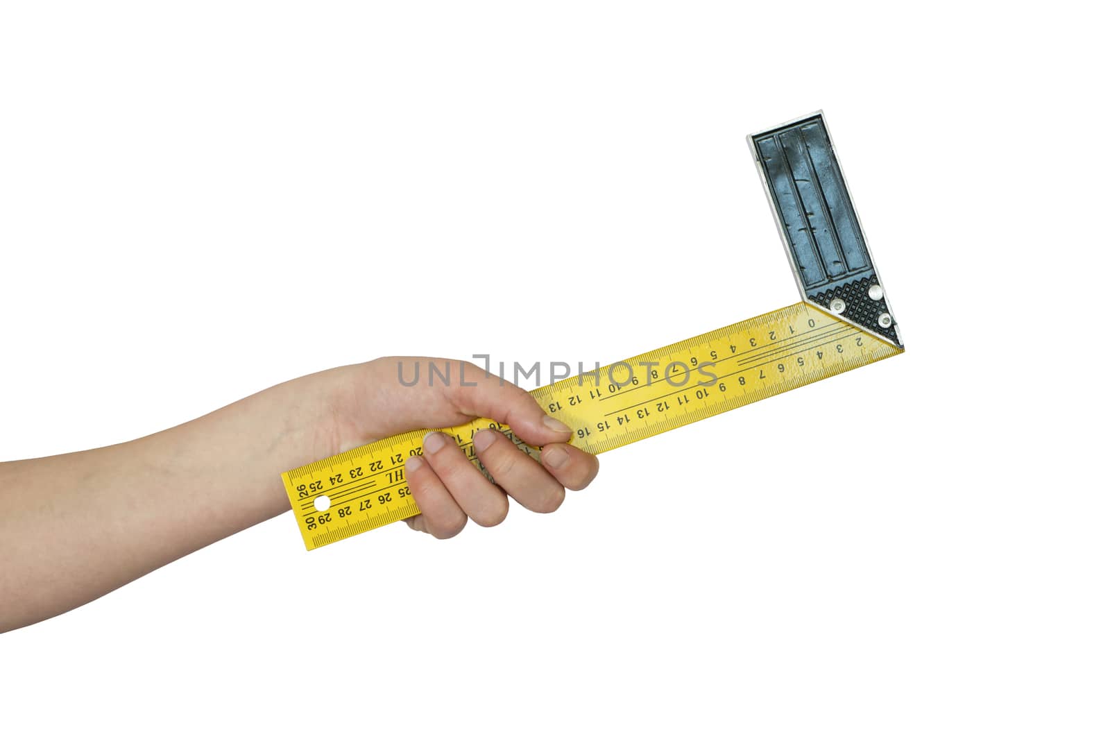 Hand holds the angular ruler by cherezoff